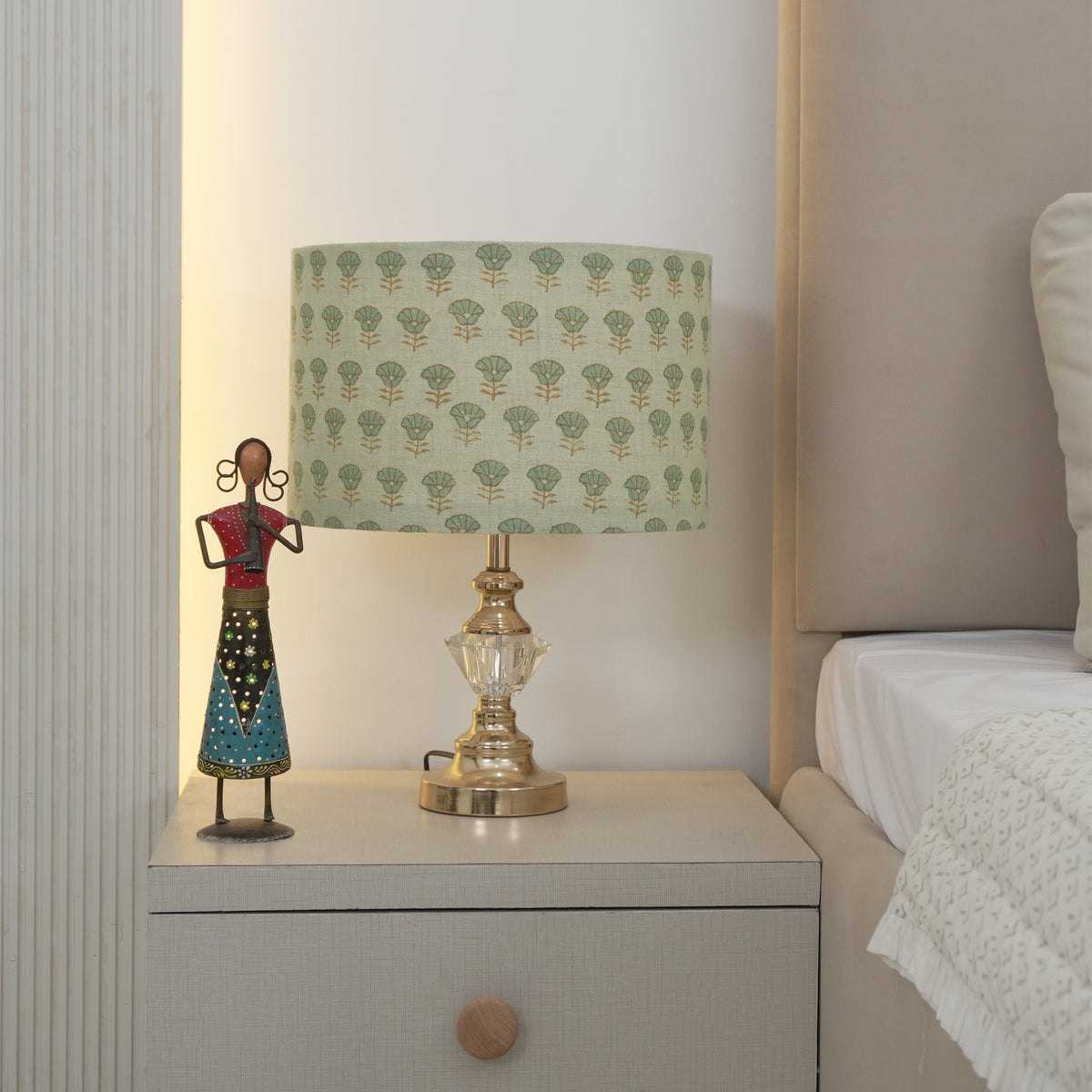 Indian Block Print Grey Floral Pure Linen Lampshade - Kohinoor