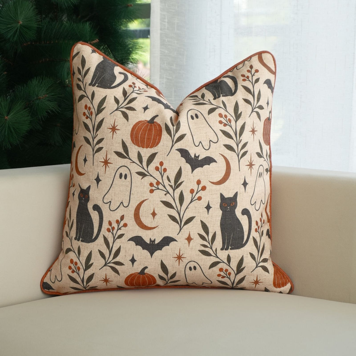 Spooky Cats &amp; Ghosts Halloween Piping Linen Throw Cushion