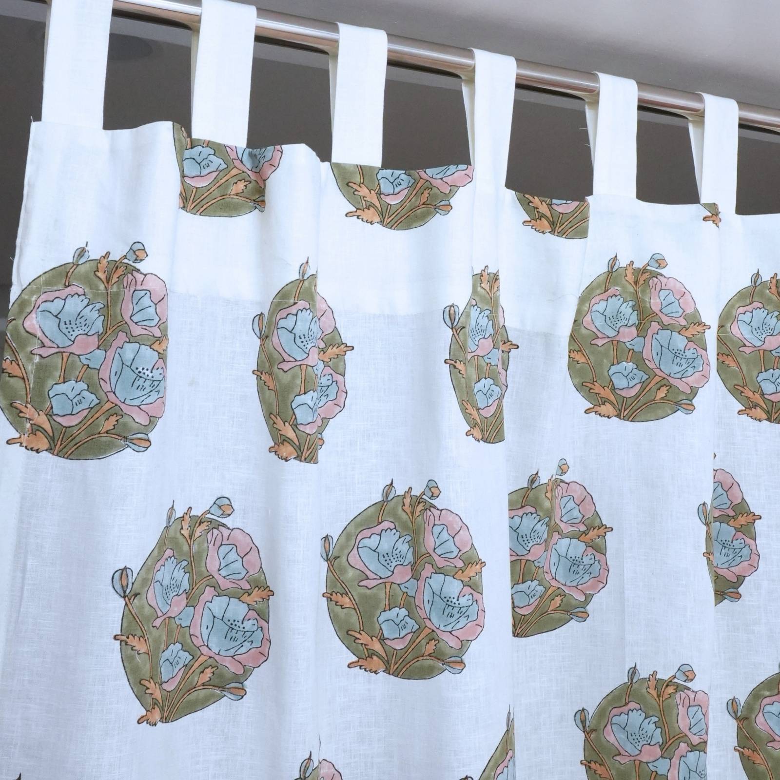 Indain Pink Floral Block Print Viscose Colored Linen Curtains - Sandhya Pushap