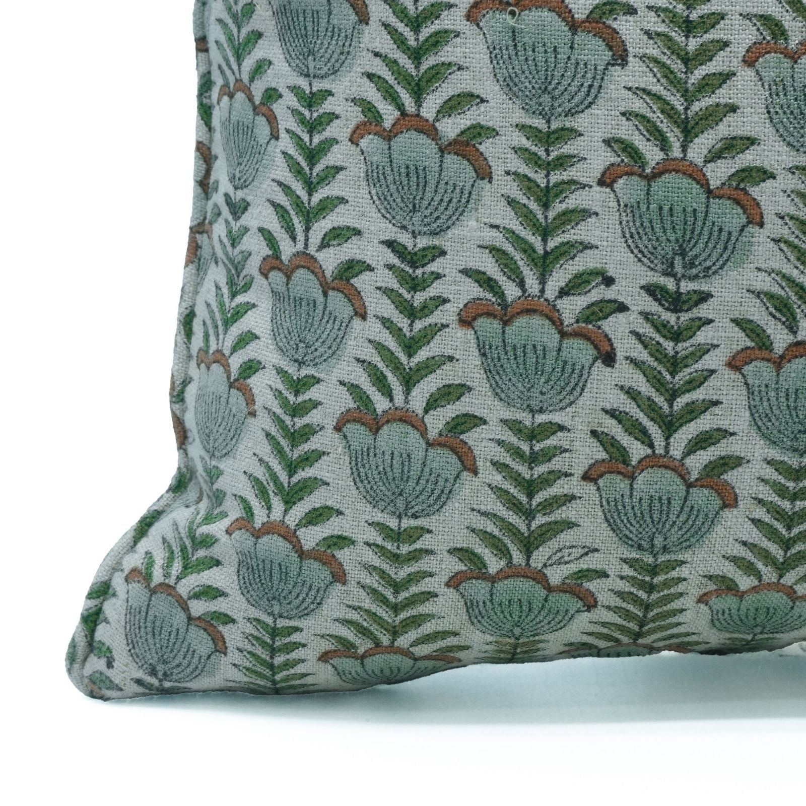 Gray Lotus Hand Block Print Thick Linen Piping Cushion Cover