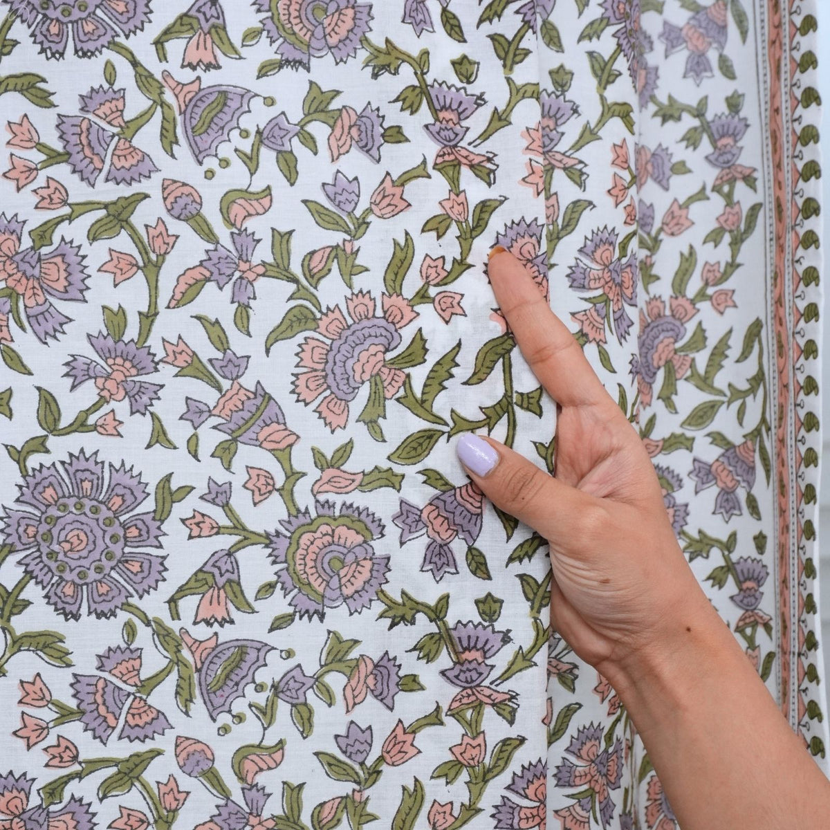 Indian Artisan Block Print Cotton Tab Top Curtain - Pushplata