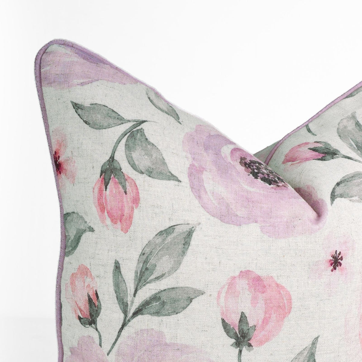 Rose Floral Printed Cream Viscose Linen Piping Cushion Cover 