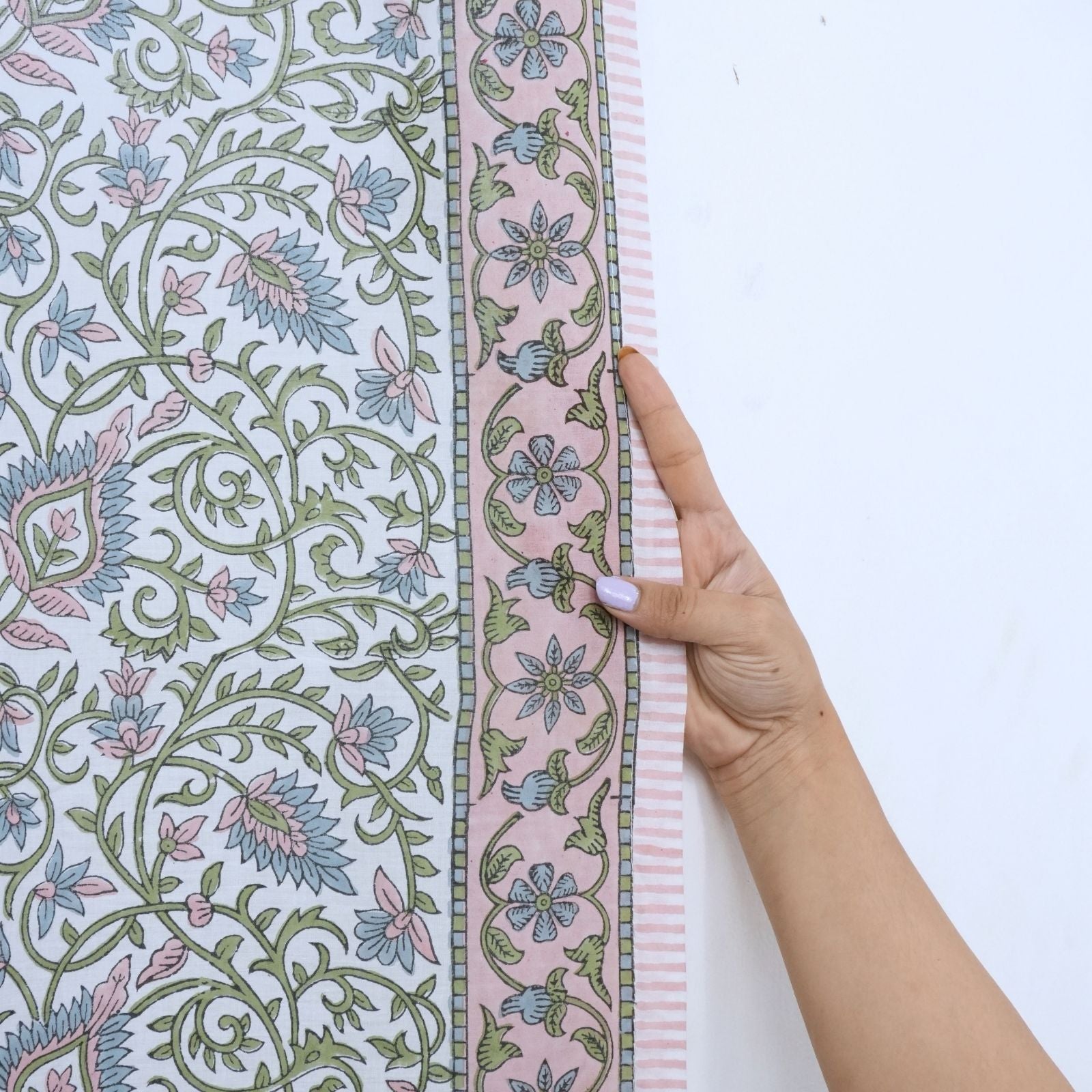 Wooden Block Print Pink Floral Cotton Curtain - Hawamahal