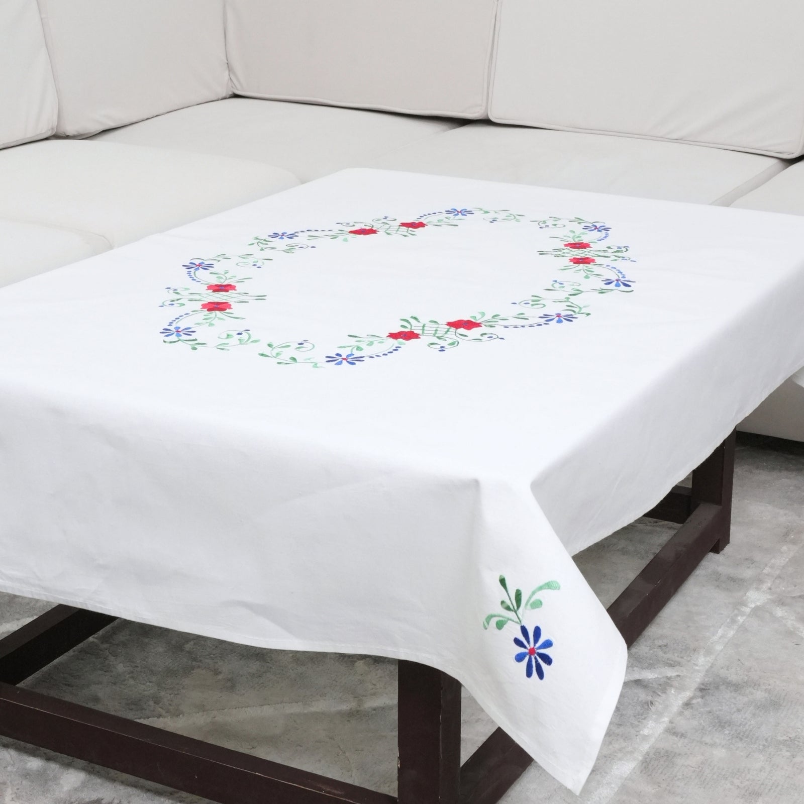 Green Blue Floral Boho Indian Artisan Embroidered Table Cover