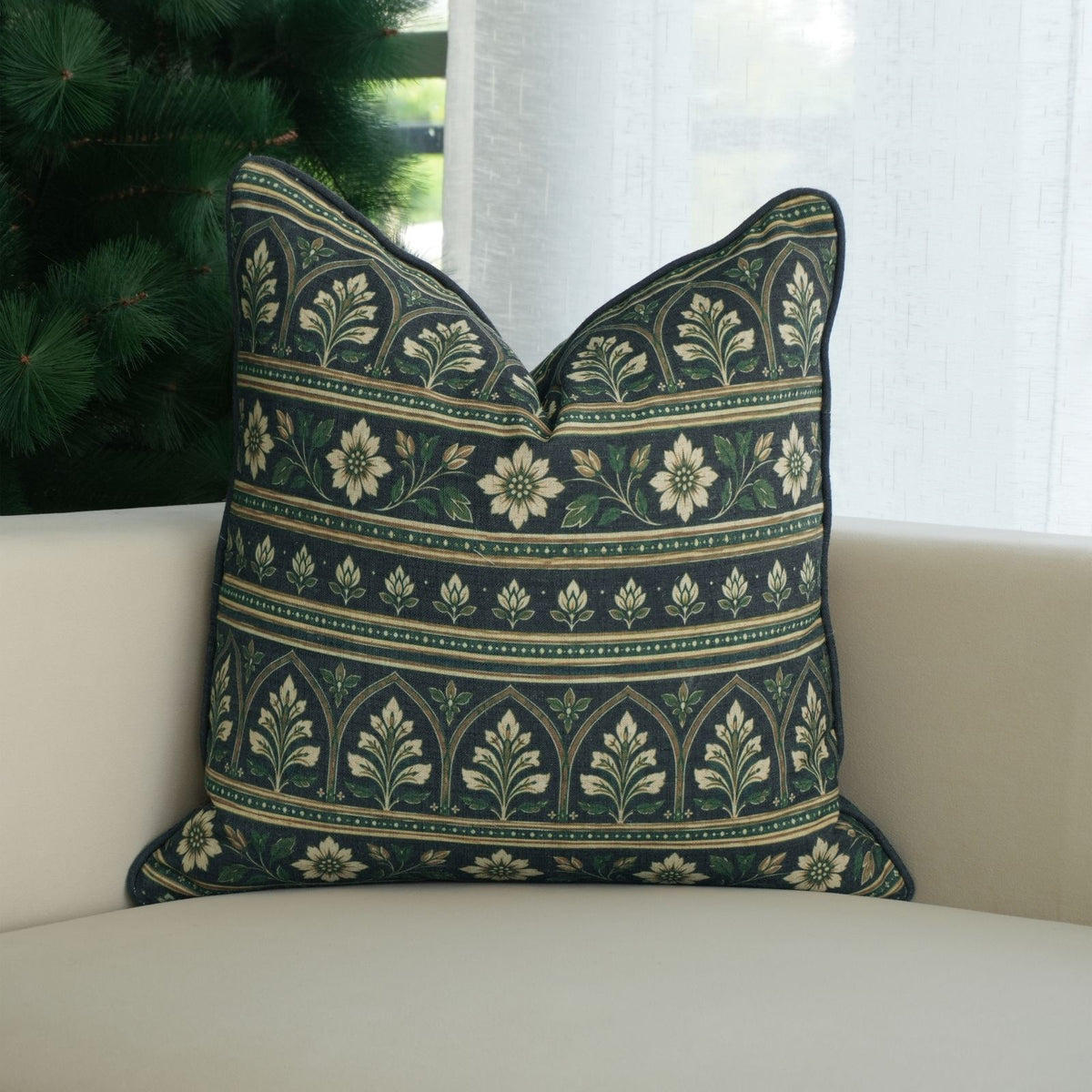 Floral Printed Piping Deep Navy Viscose Linen Cushion Cover