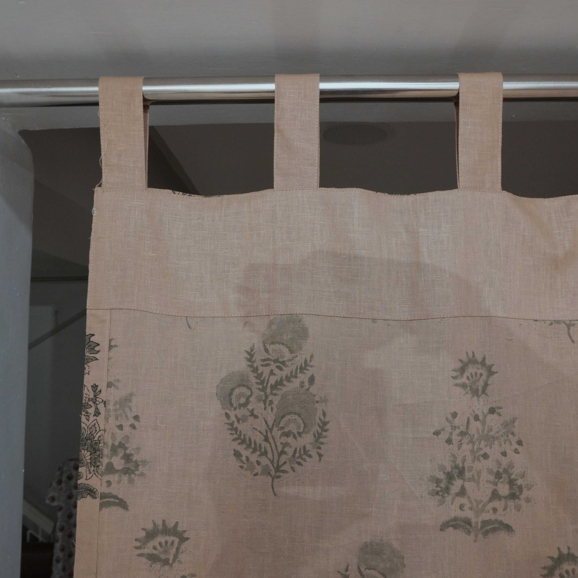 Mohini Gray Floral Hand Block Print Viscose Linen Tab Top Curtains