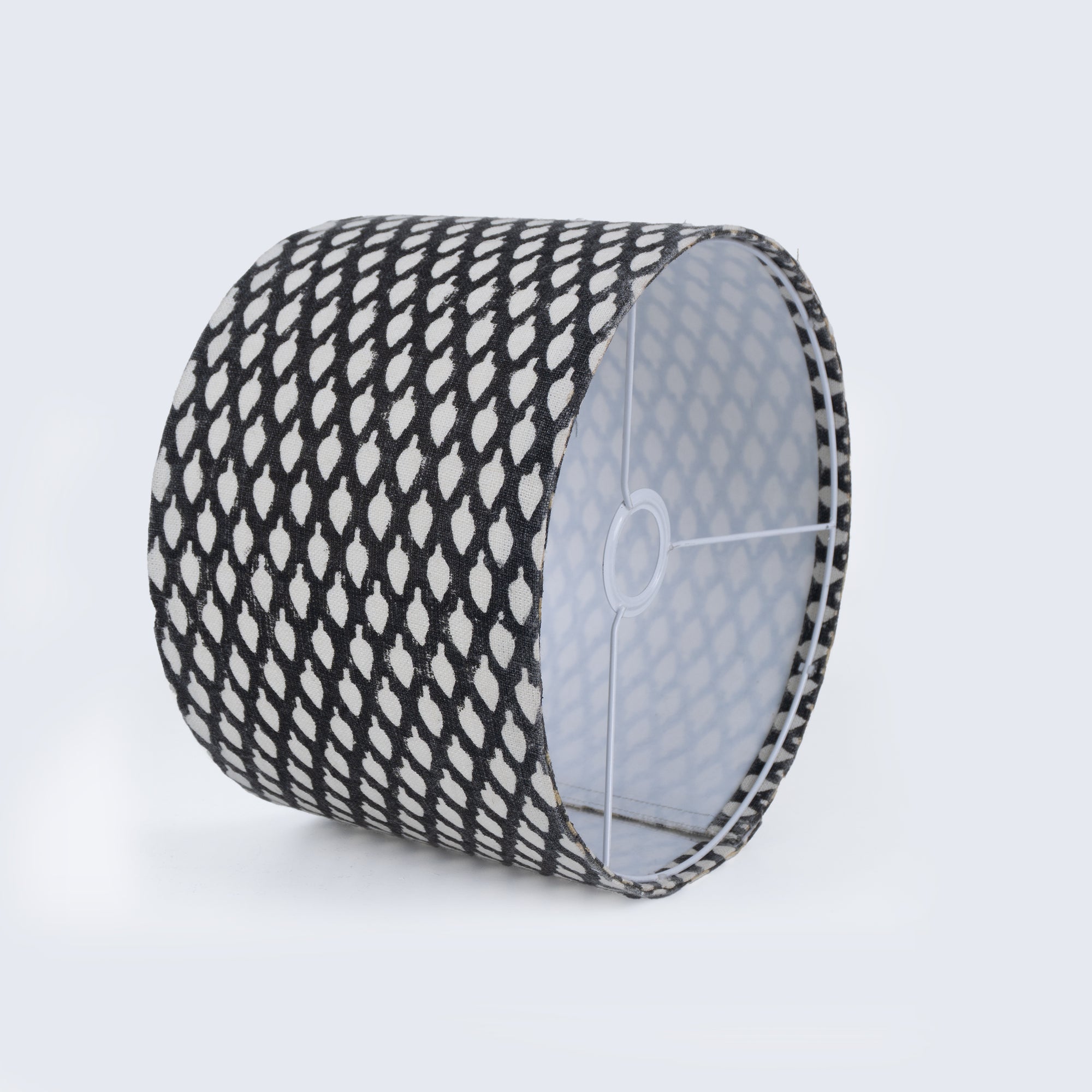 Indian Off-White Linen Black Dot Drum Lampshade - Khushbu