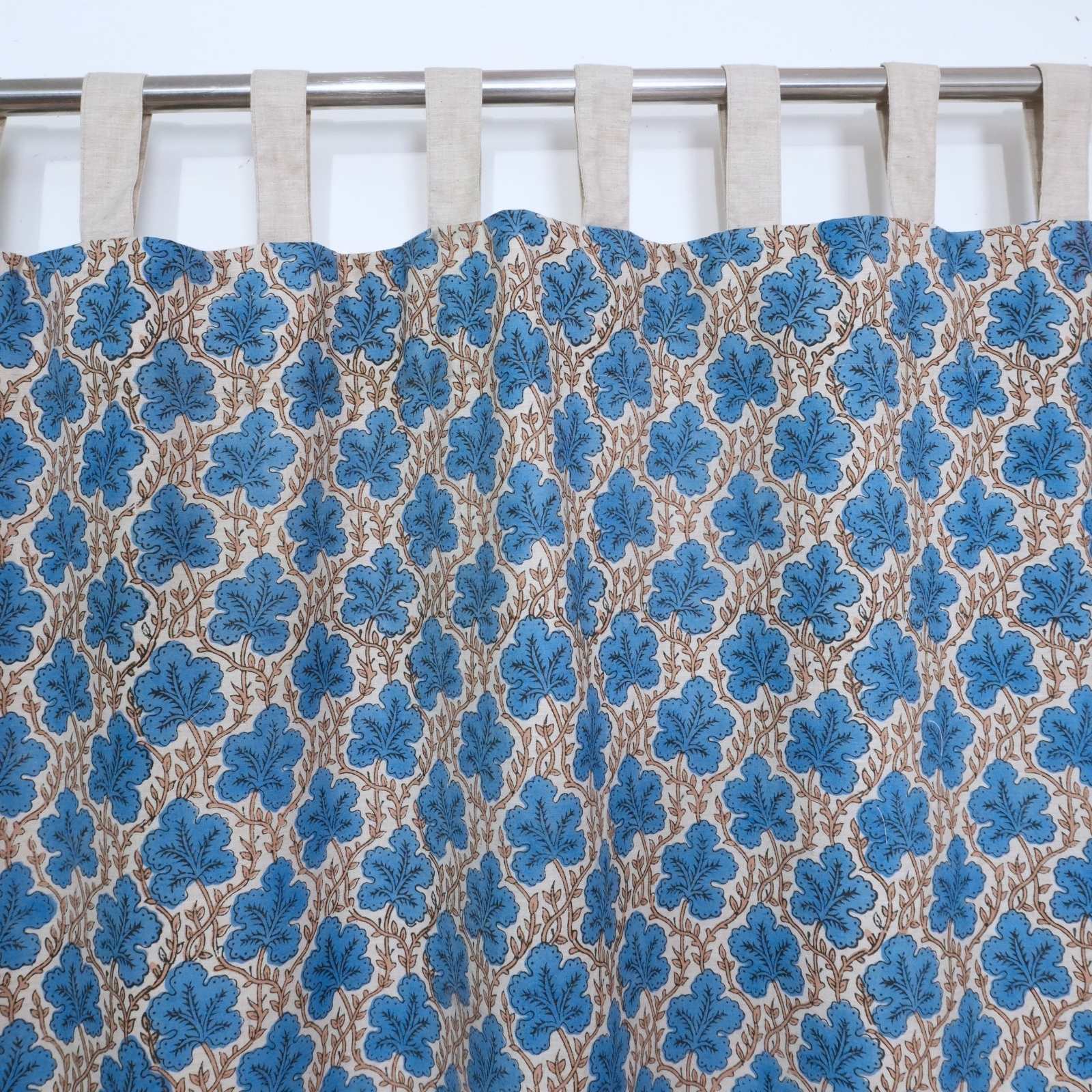 Cornflower Blue Leaf Vine Hand Block Print Linen Tab Top Drapes - Pushpsamhita