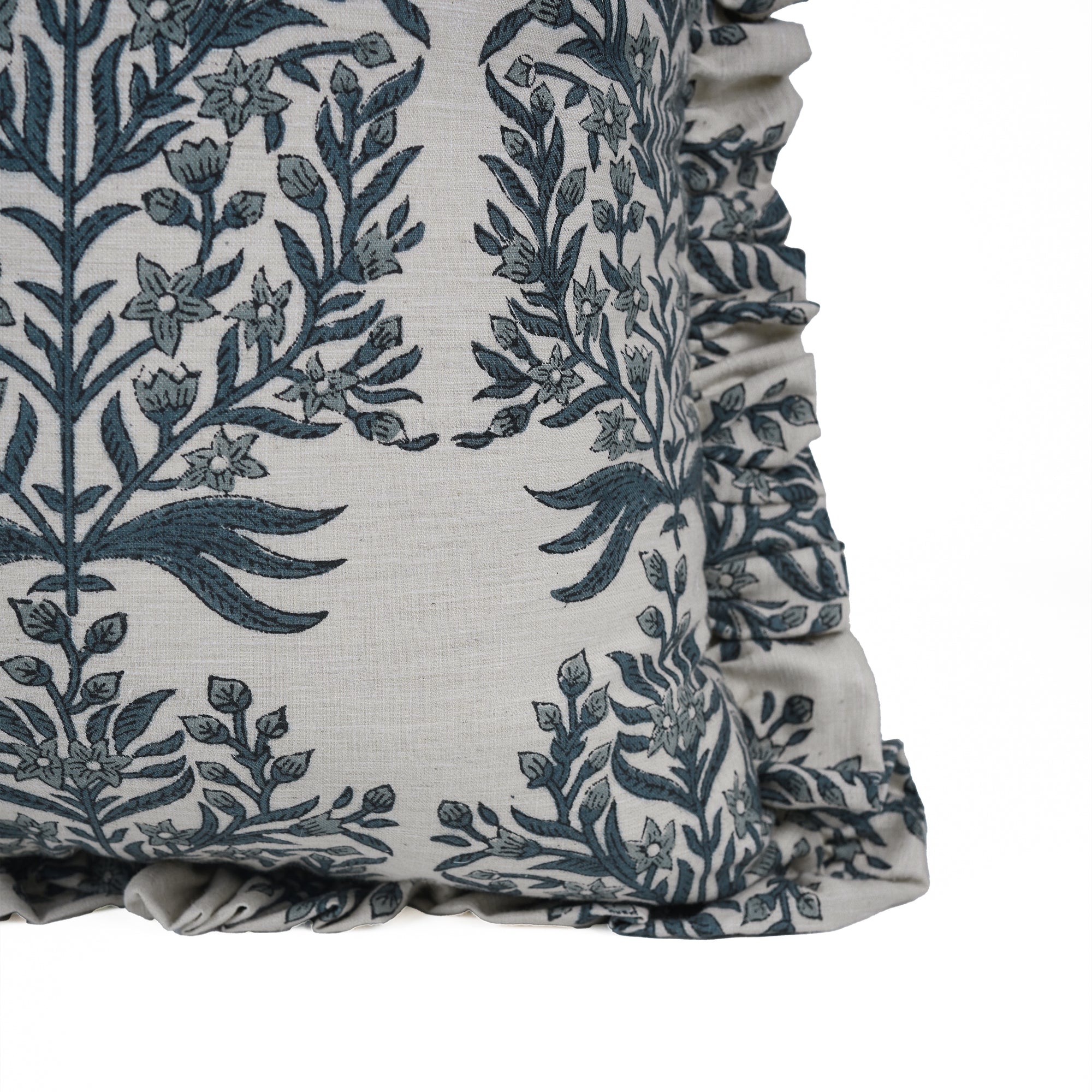 Vrindavan Block Print Frill Pillow Cover on Linen Blend