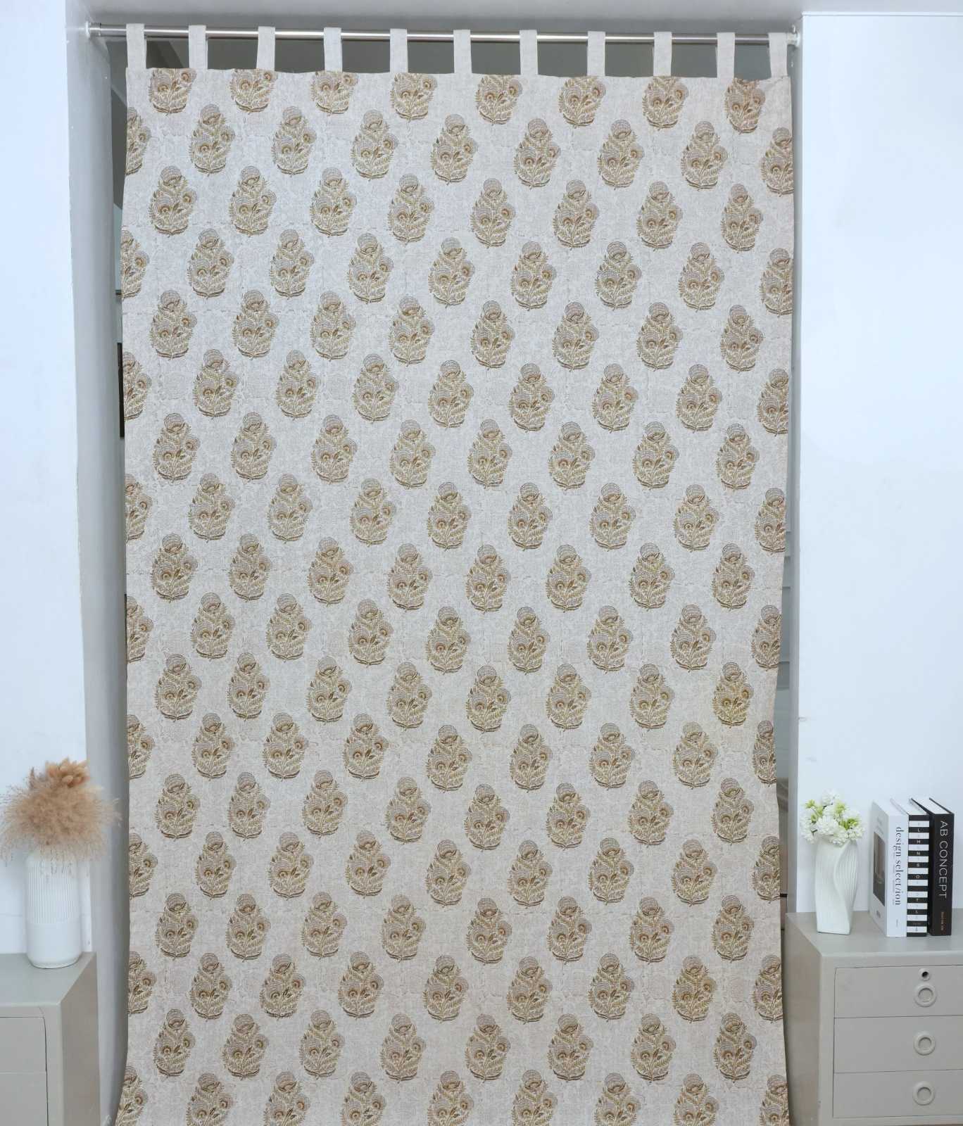 Wooden Block Gray Floral Linen Bedroom Drapery - Mohini