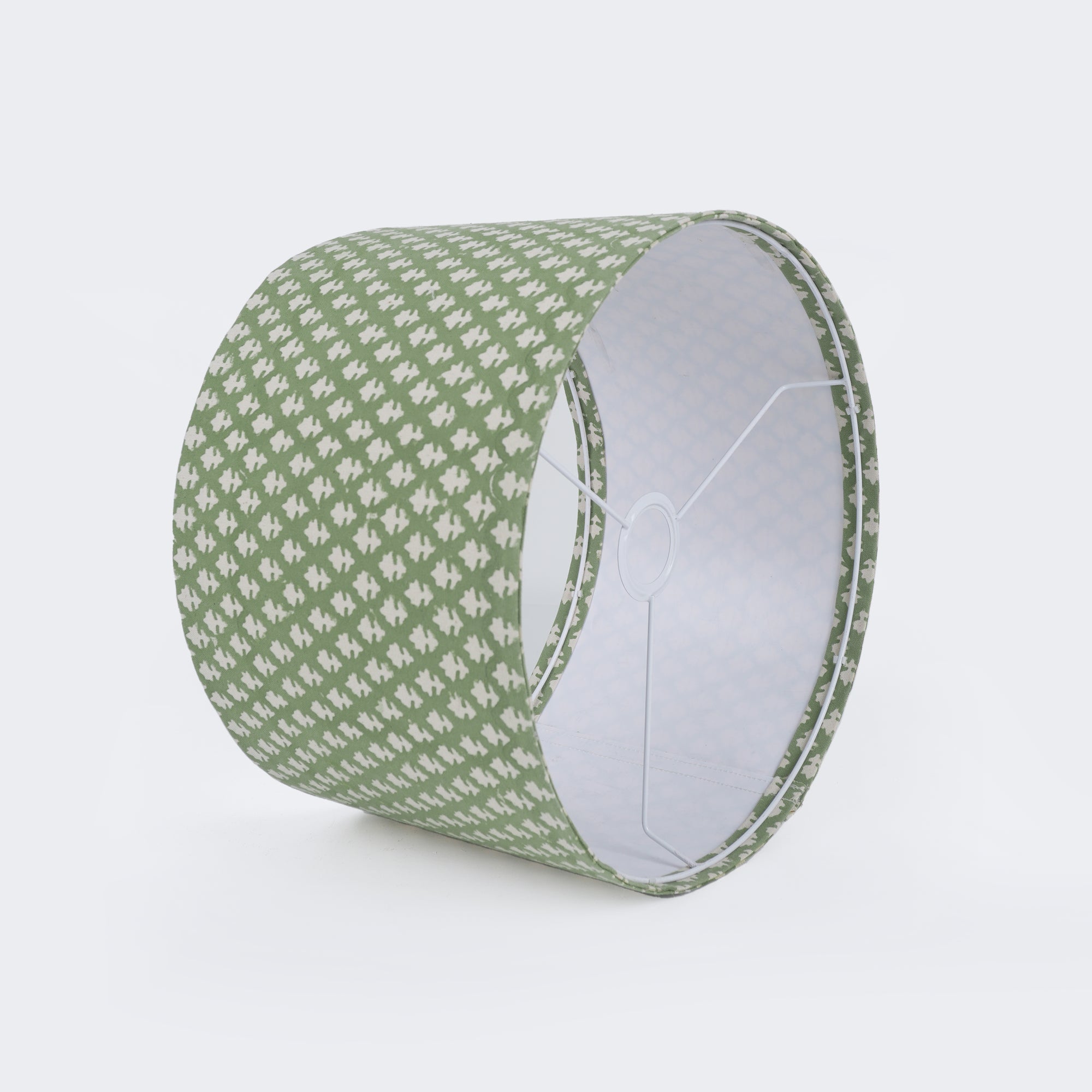 Indian Block Print Pure Linen Drum Lampshade - Pinkcity Green