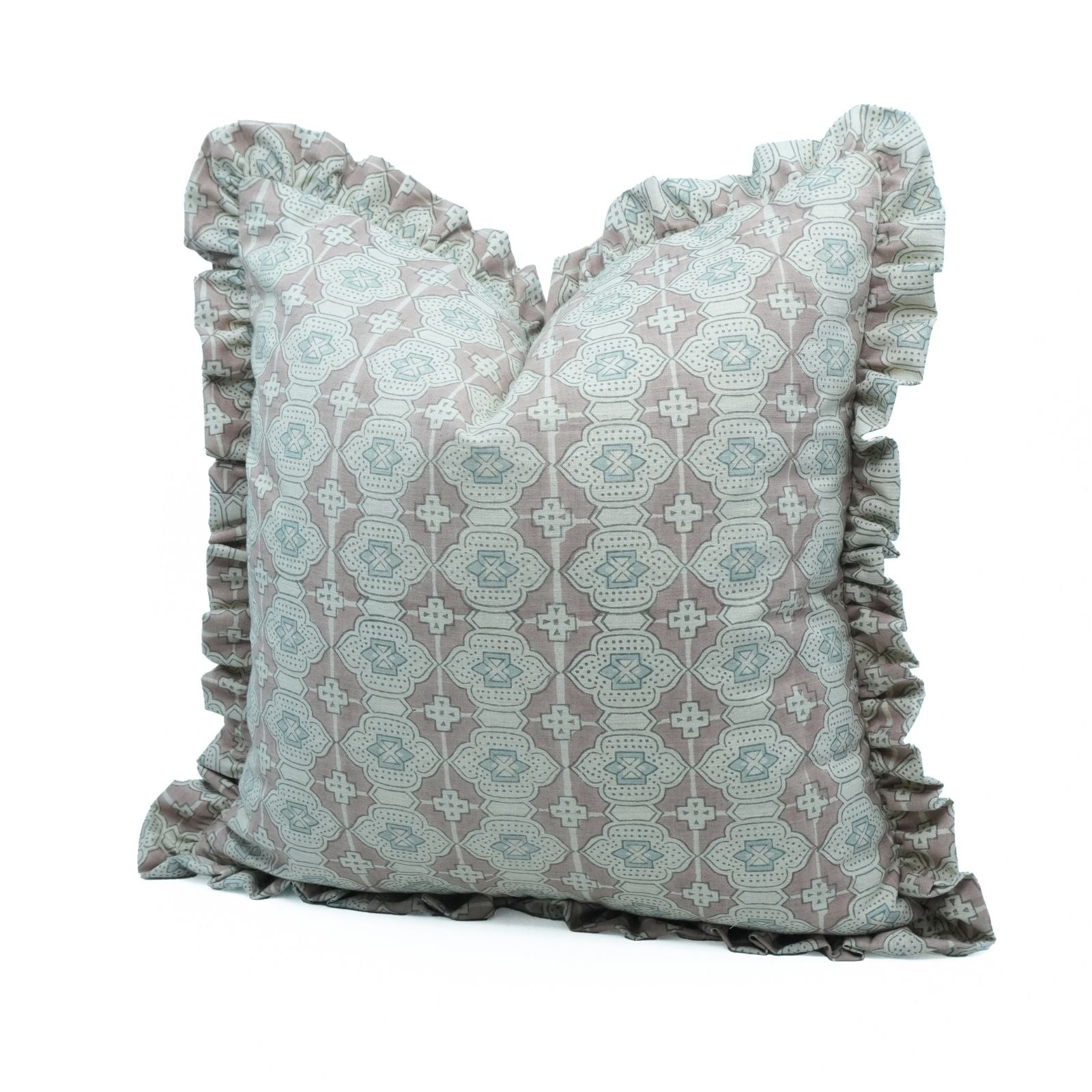 Block Print Peach Floral Frill Linen Cushion Cover – Jharoka