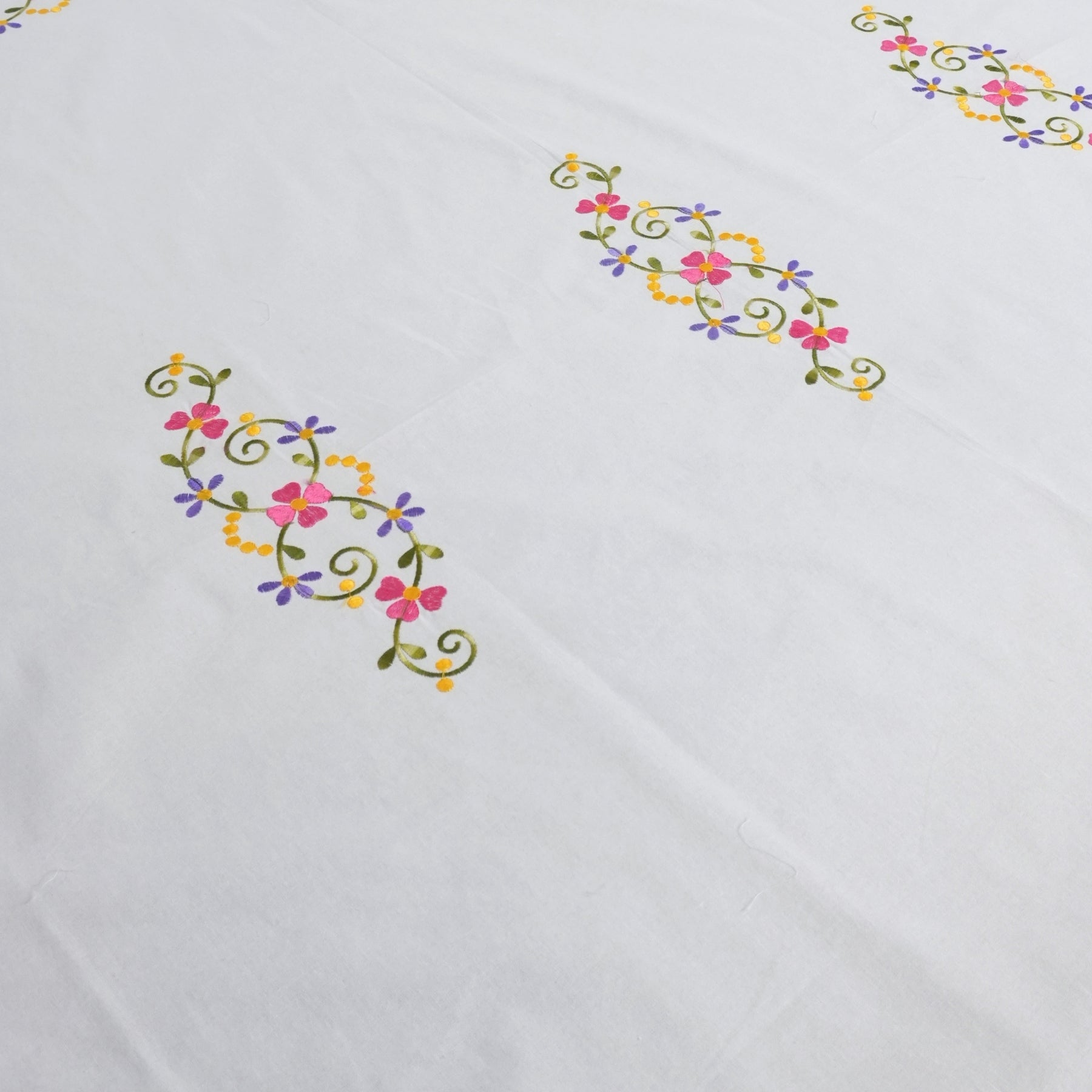 Pink and Green Floral Embroidered Thick Cotton Table Cover