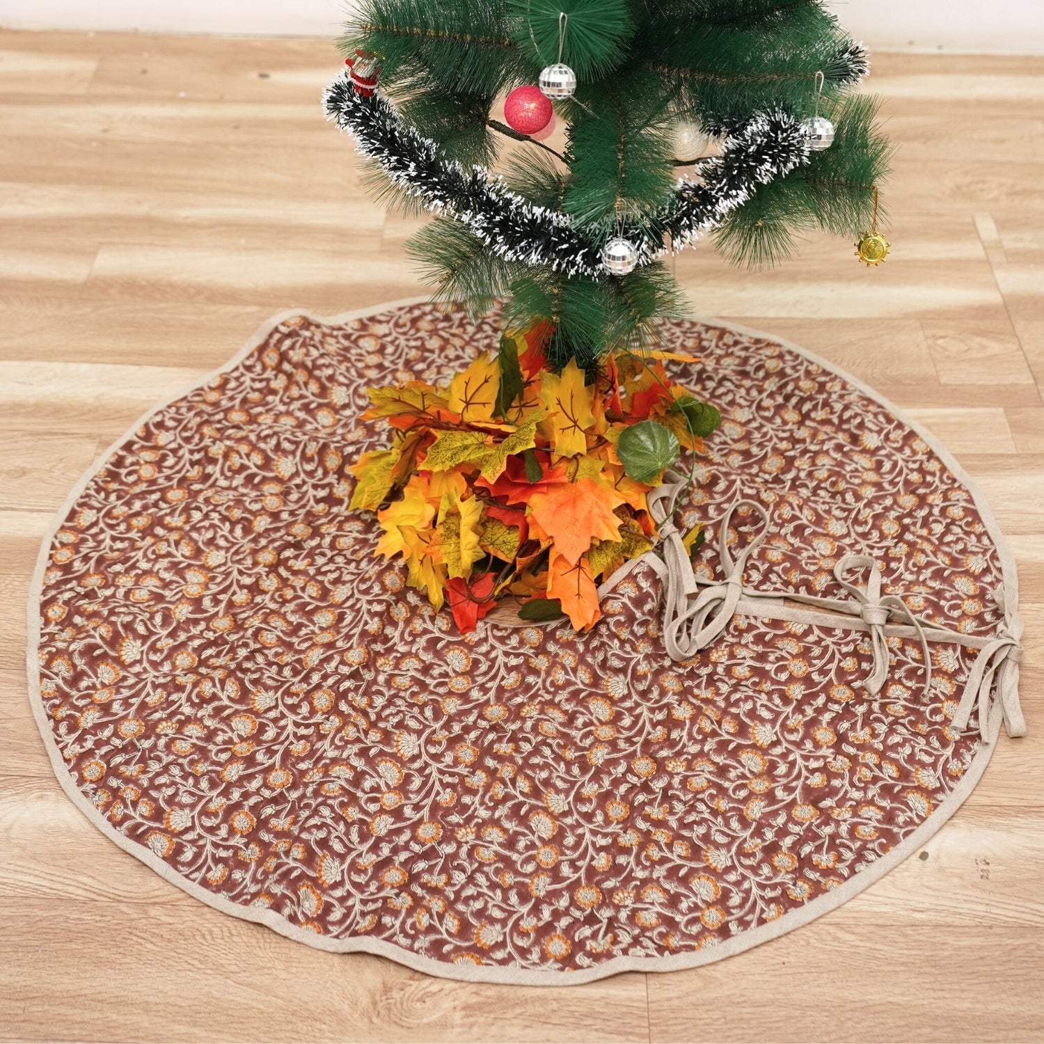 Hand Block Printed Orange & Brown Floral in Premium Pure Linen Christmas Tree Skirt Holiday Decor - Himachal