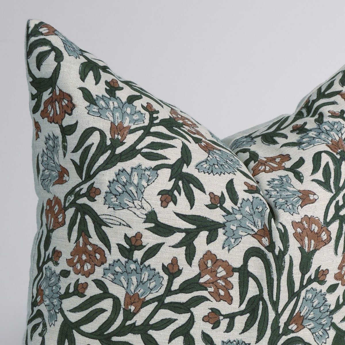 Block Print Thorny Stems Dusty Blue Linen Blend Cushion Cover
