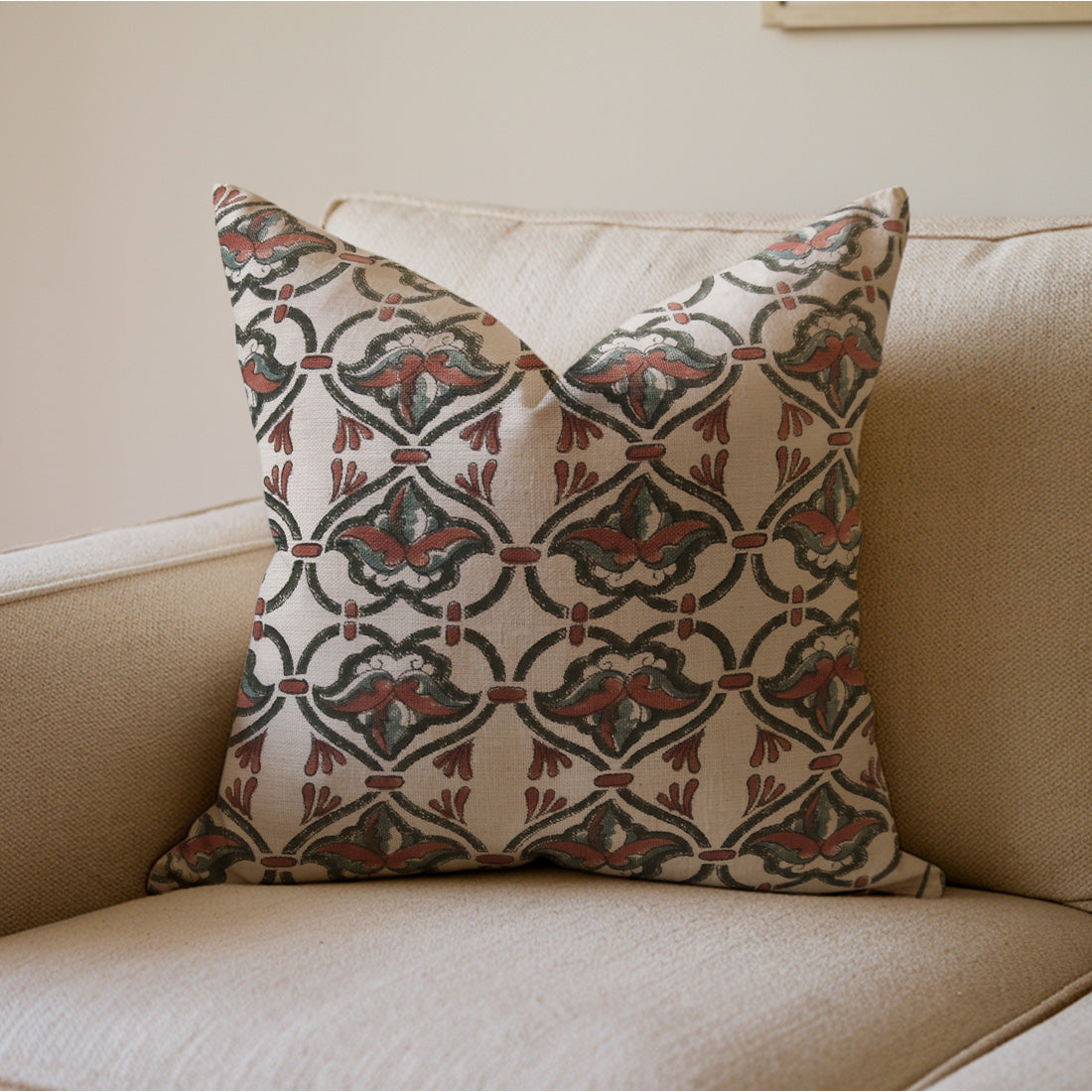 Large hand printed pillow with a geometric pattern 