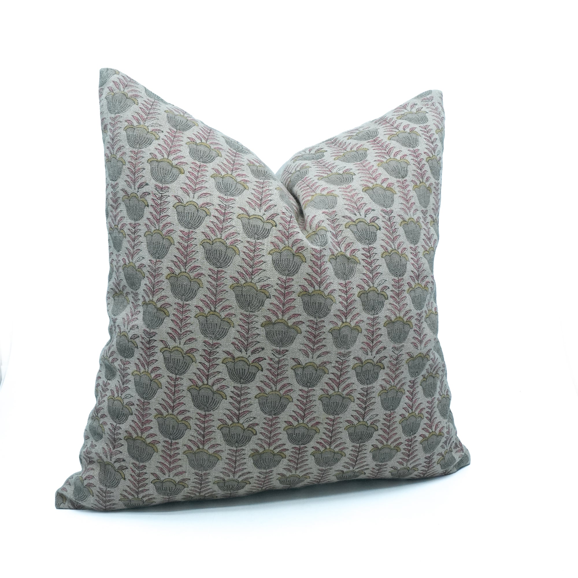 Lotus Handcrafted Thick Linen Cushion Cover Pink and Gray Floral