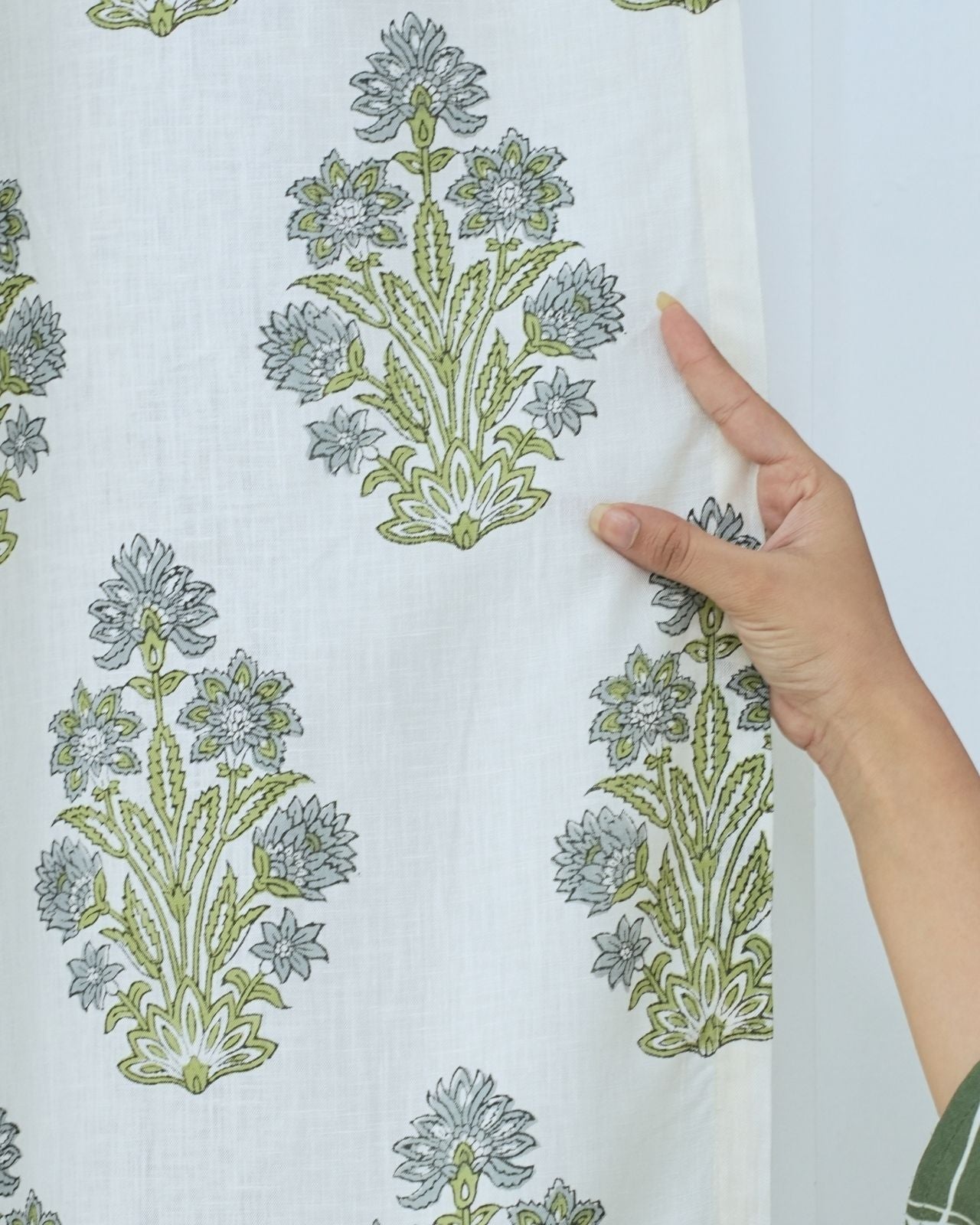 Indian Block Print Ring Curtain in Green & Grey Floral - Morpankh