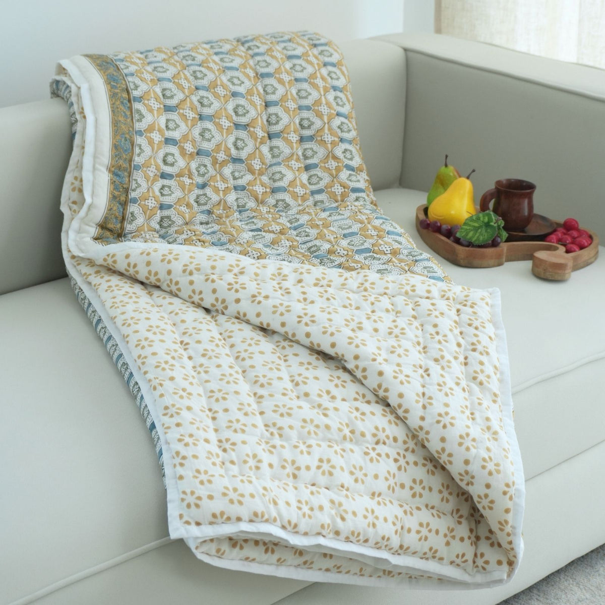 Jaipur Artisan Made Mustard Jarokha Cotton Reversible Quilt