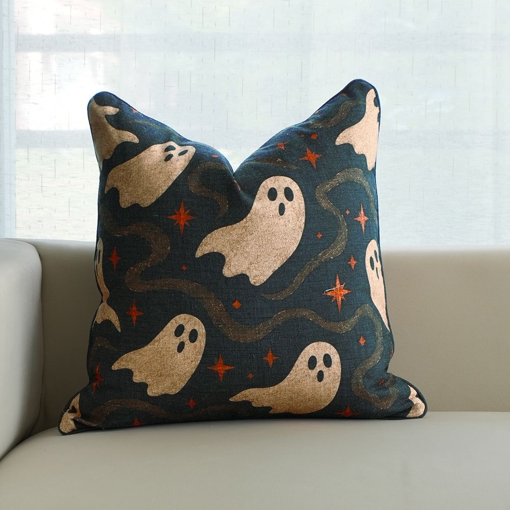 Halloween Charcoal Linen Piping Pillow Cover - Ghostly Sparkles
