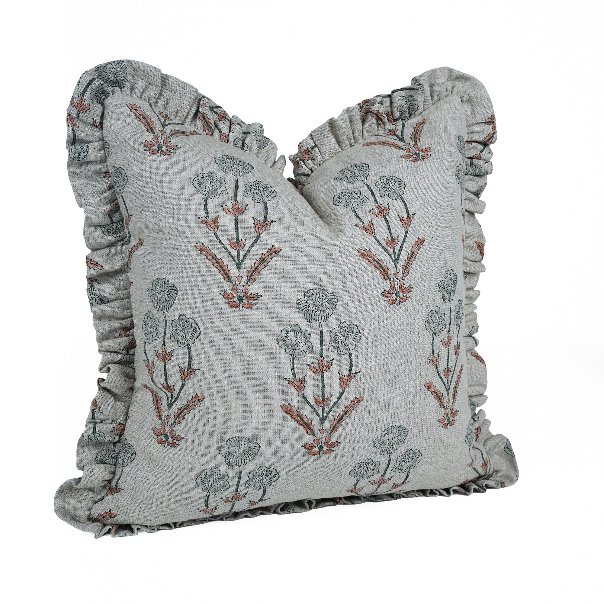 Amitabh Block Print Linen Ruffled Frill Cushion Cover