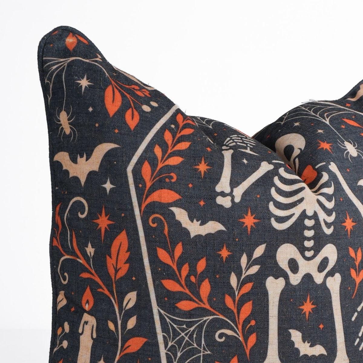 Skeleton Halloween Charcoal Viscose Linen Piping Cushion Cover 