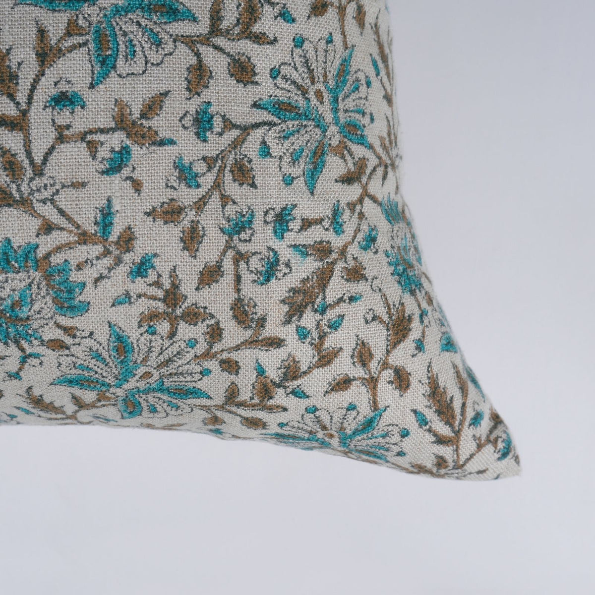 Handmade Neerabel Teal Floral Linen Cushion Cover