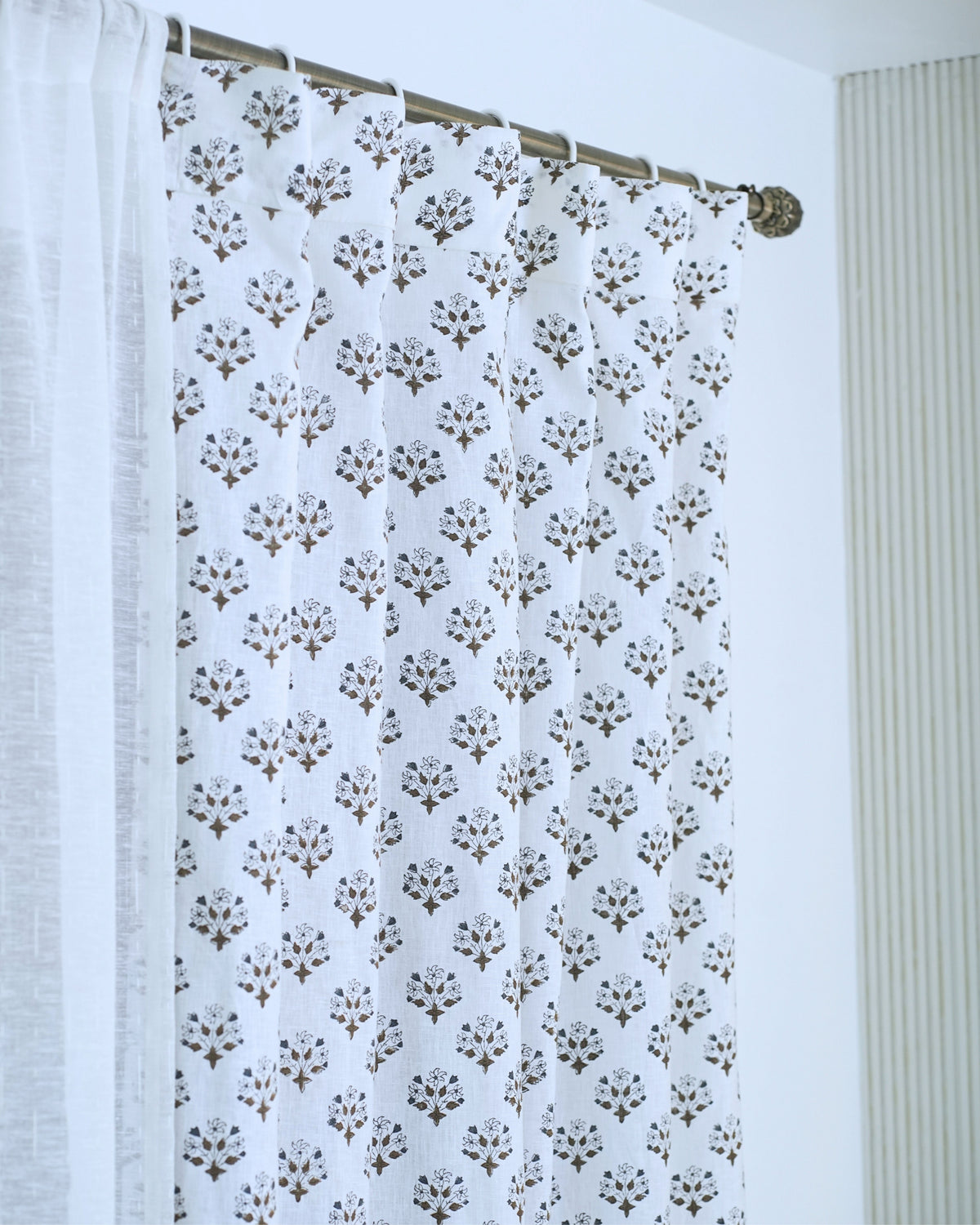 Diwali Flower Block Print Viscose Linen Flat Panel Curtains