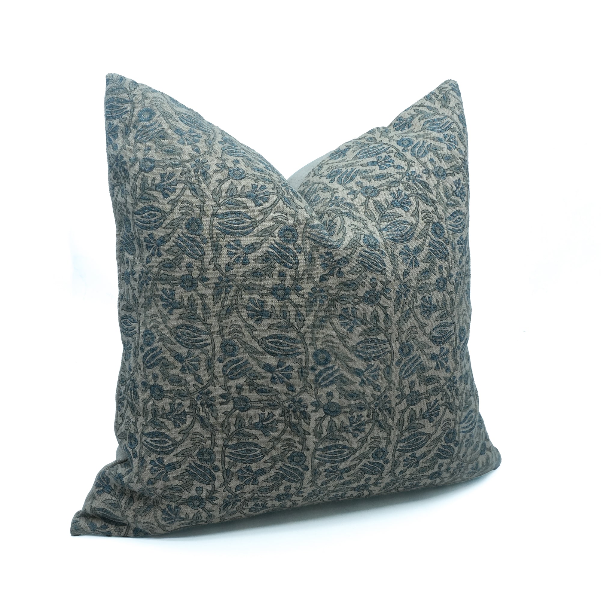 Blue Floral Manjushah Block Print Thick Linen Cushion Cover
