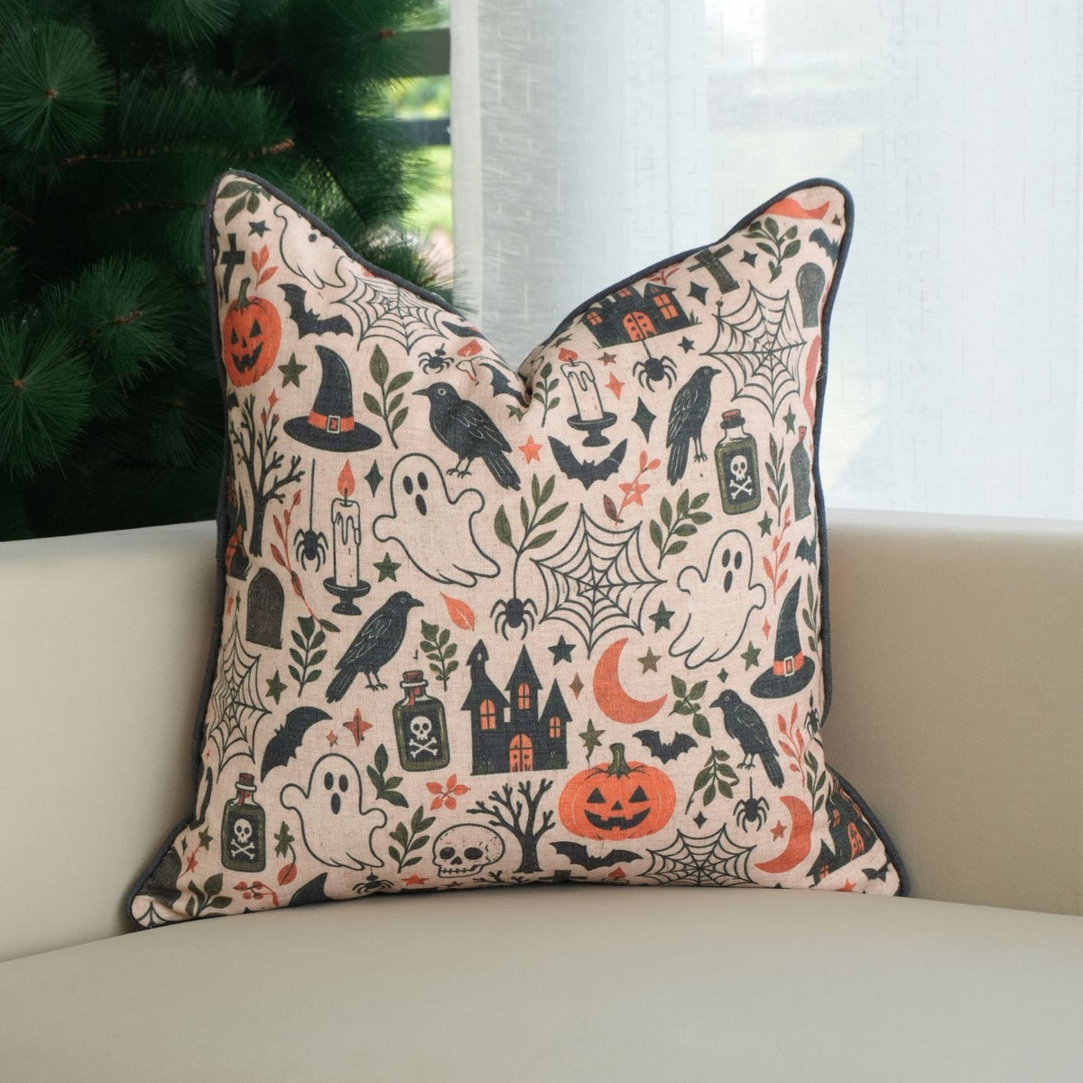 Halloween Printed Beige Linen Piping Pillow Cover - BooMix