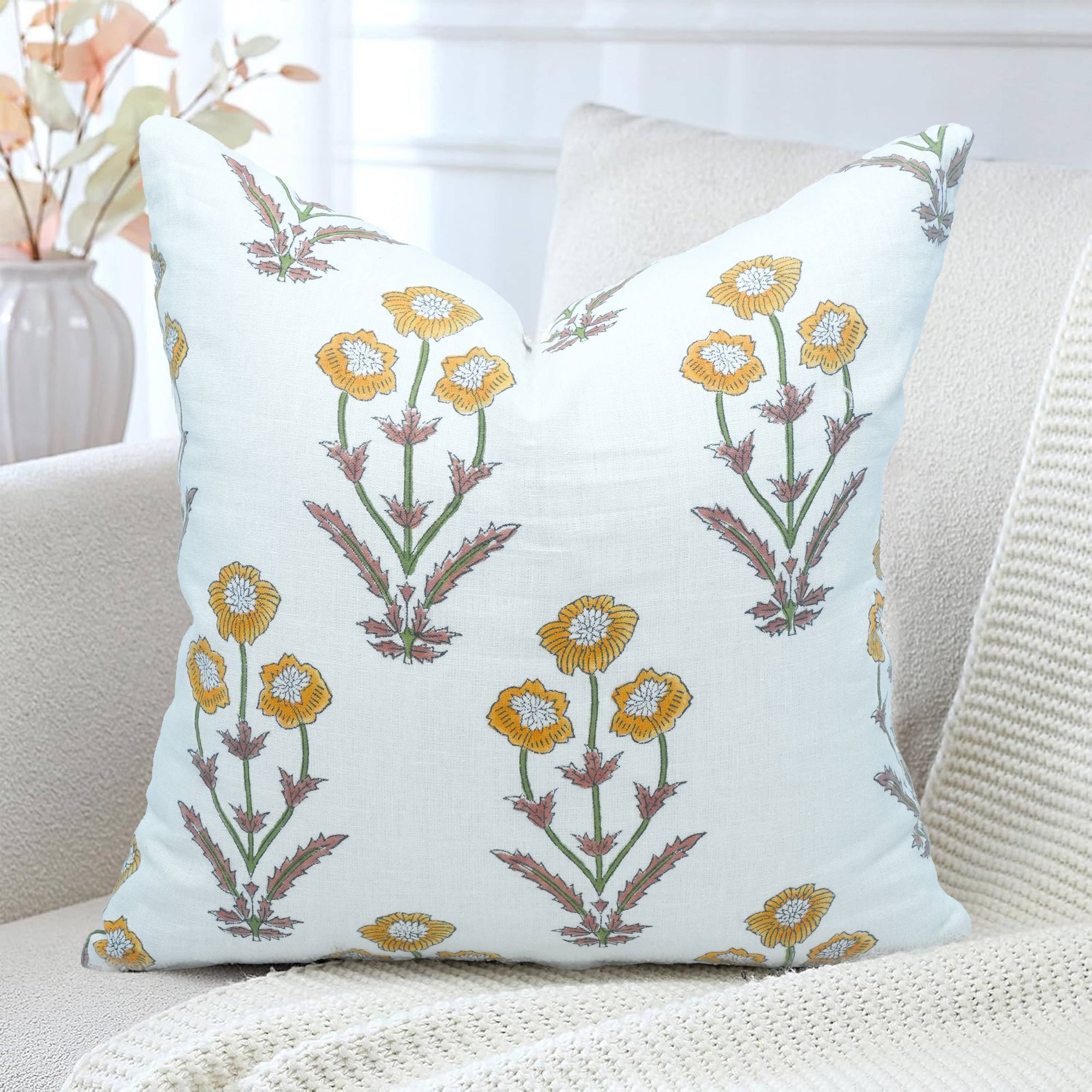 Block Print Pillow Cover on Pure White Linen - Amitabh