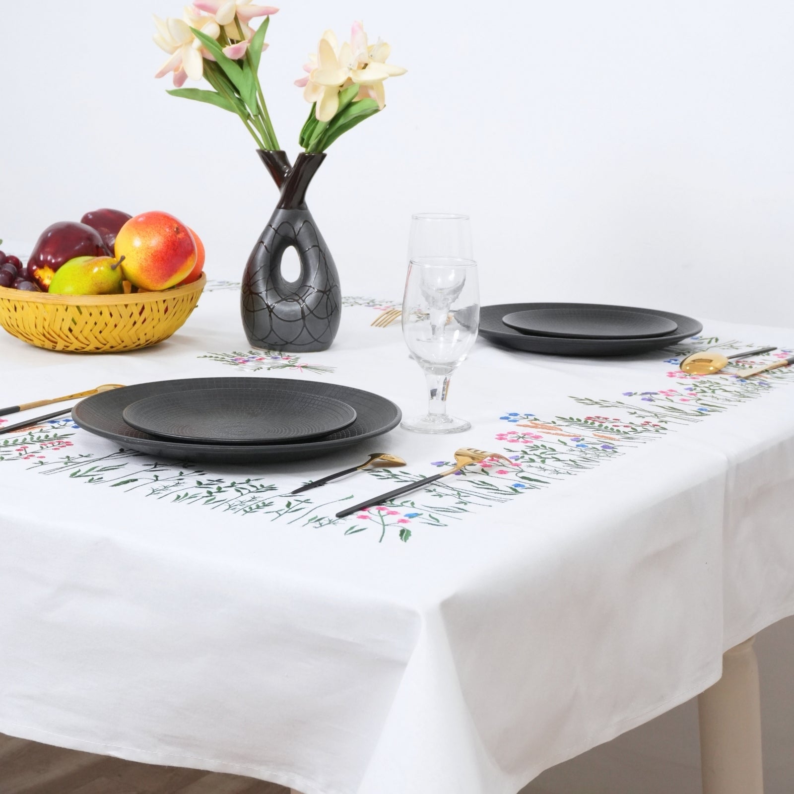 Red Green Floral Boho Embroidered Cotton Table Cover | Farmhouse