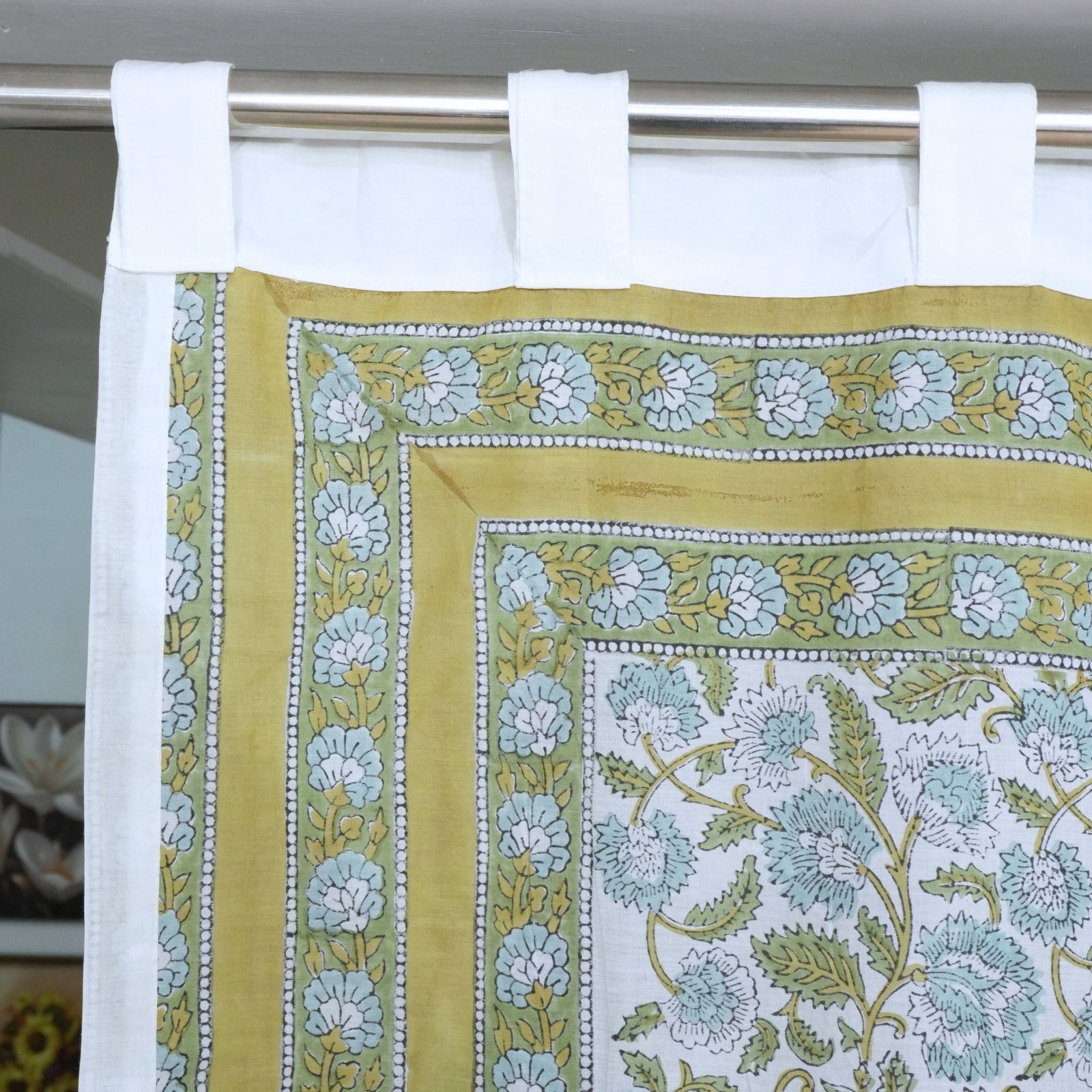 Hand Printed Blue Floral Pure Cotton Boho Curtain - Mandakani