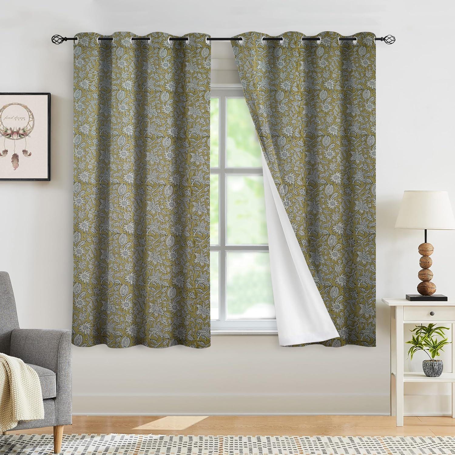 Floral Printed Thick Linen Blackout Curtains with Grommets - Room Darkening Treatment - Manikarnika