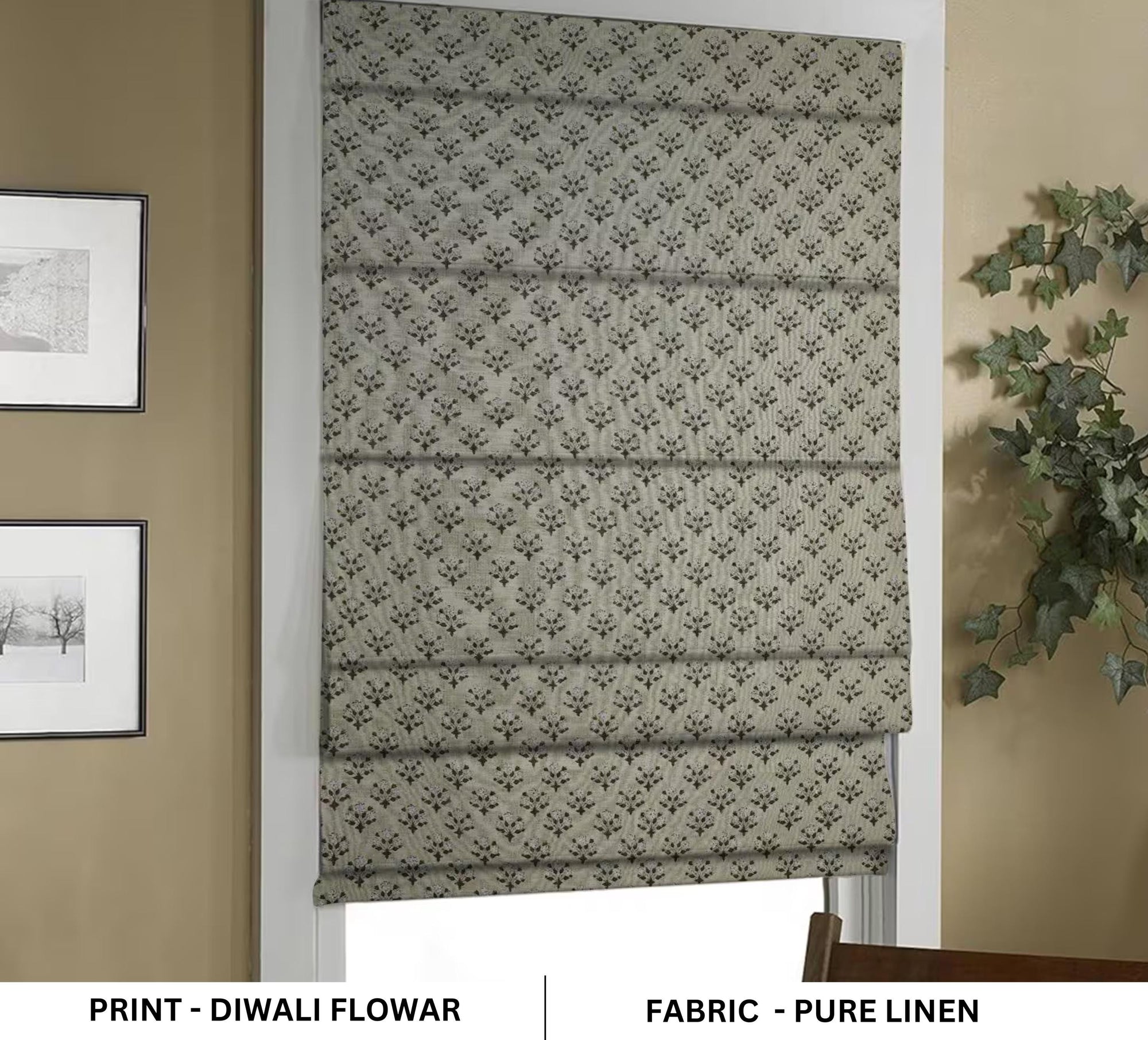Block printed roman shade made with natural linen, featuring intricate floral motifs. A handmade touch of elegance and charm, ideal for farmhouse or boho interiors. Perfect for decorative yet functional window treatments.