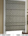 Block printed roman shade made with natural linen, featuring intricate floral motifs. A handmade touch of elegance and charm, ideal for farmhouse or boho interiors. Perfect for decorative yet functional window treatments.