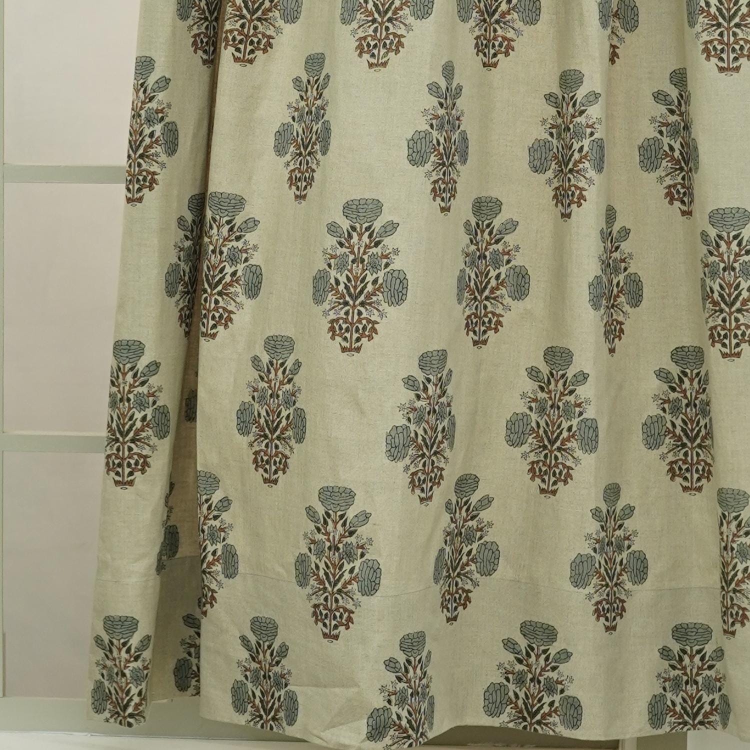 Hand Block Printed Floral Linen Curtains - Blackout Window Door Treatment - Swadesh