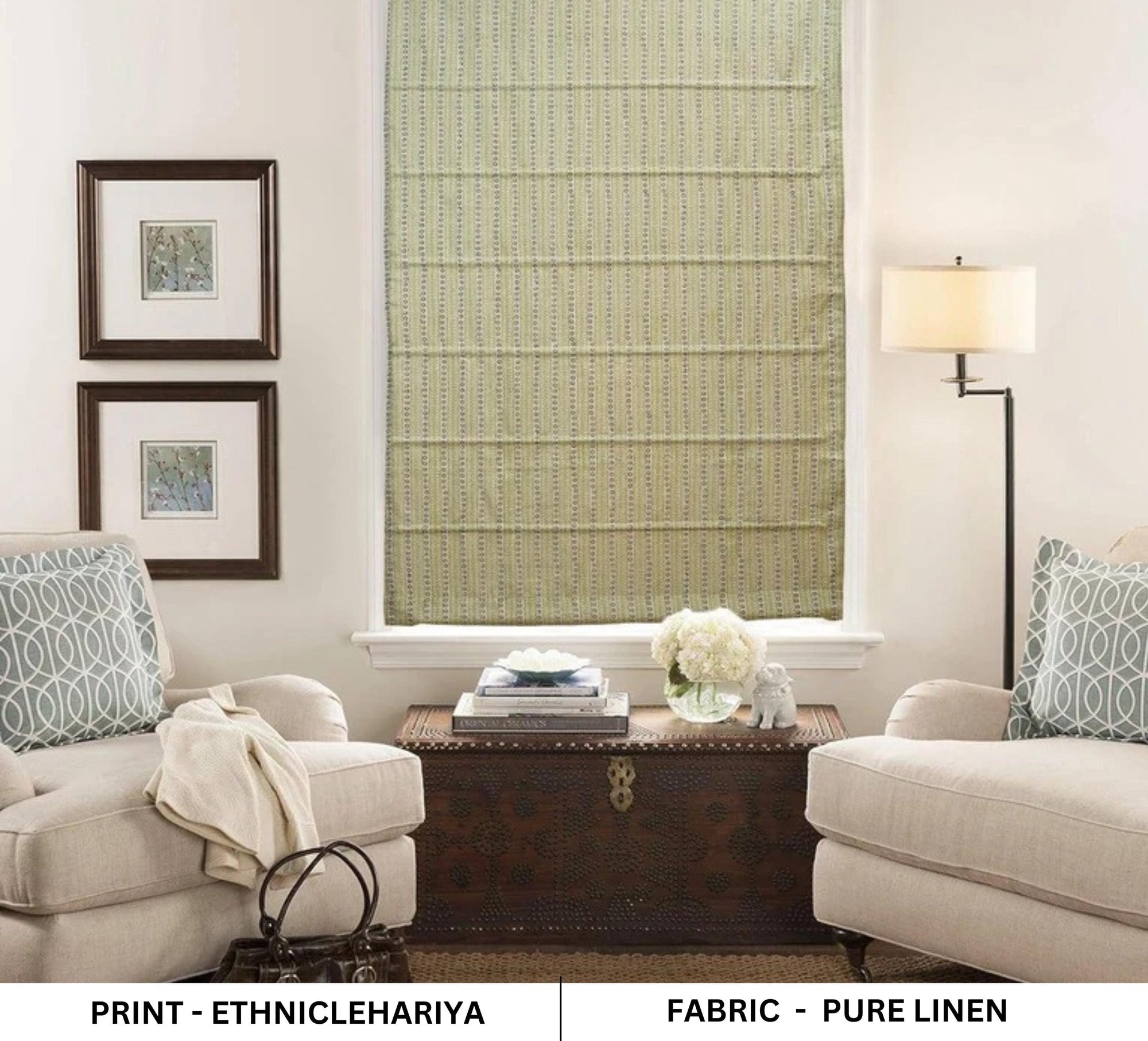 Blackout roman shade in floral linen, perfect for a nursery or bedroom. Blocks light while adding a decorative touch that’s warm, handmade, and serene.