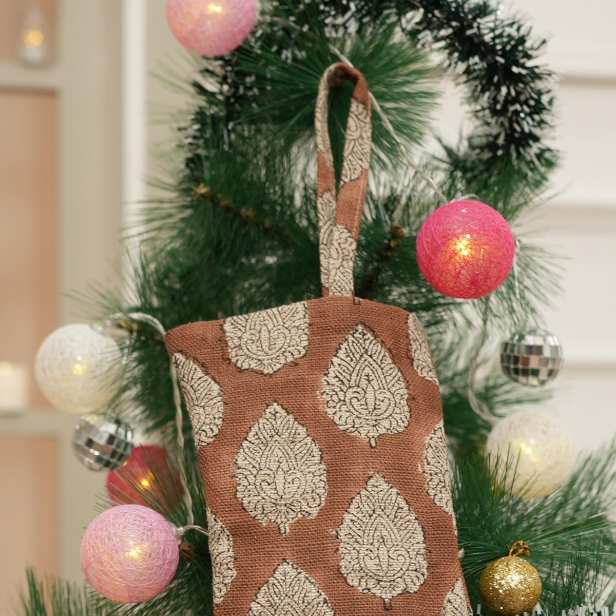 Handcrafted Betel Leaf Brown Floral Block Printed Thick Linen Christmas Stockings with Elegant Pom Pom Festive Detailing