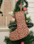 Handmade Pure Linen Block Printed Traditional Xmas Stockings in Brown & Beige Mini Floral Ola Vrishti with Pompom Farmhouse Decor 