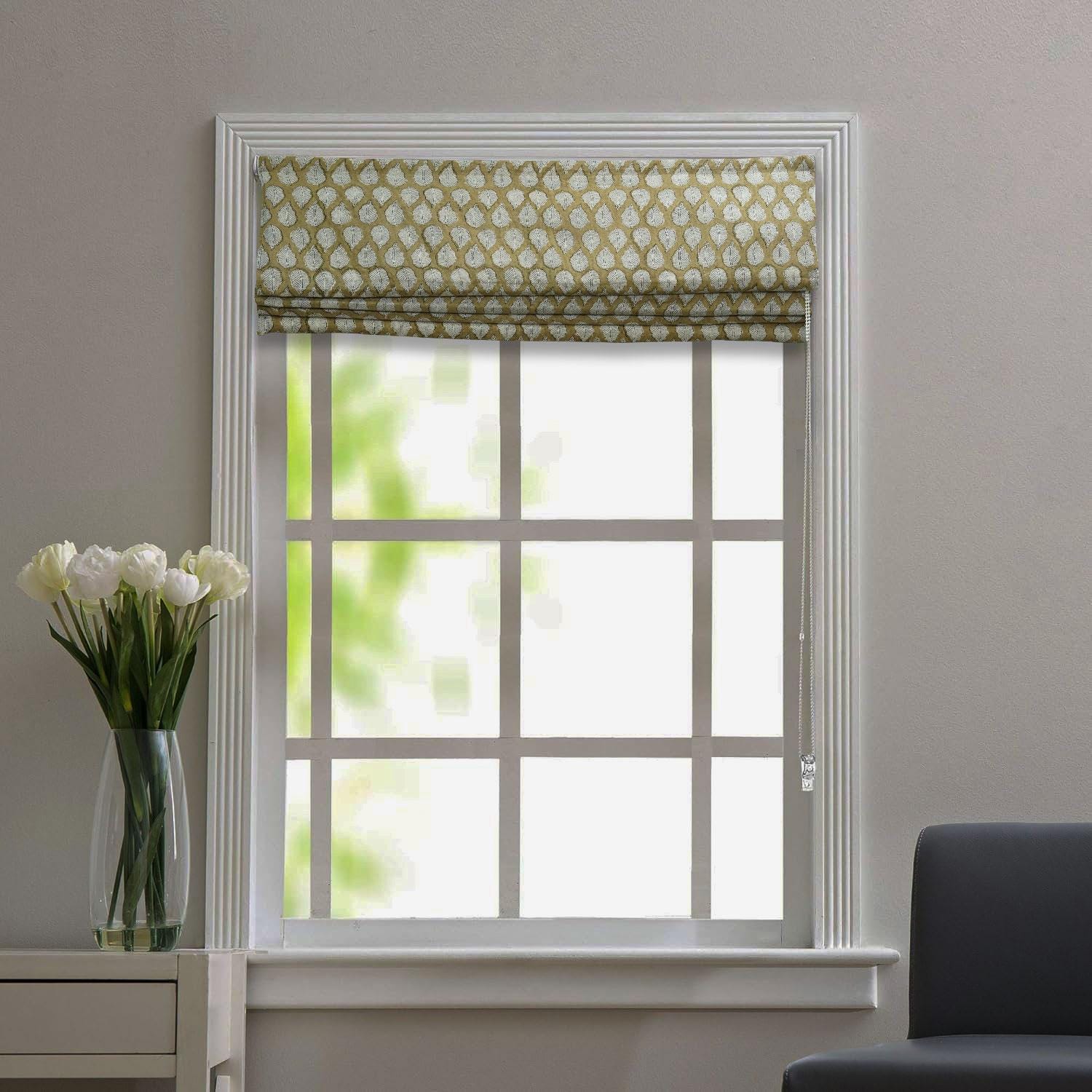 Floral Block Printed Roman Shade Handmade Linen Window Blind & Valance - PANCHI