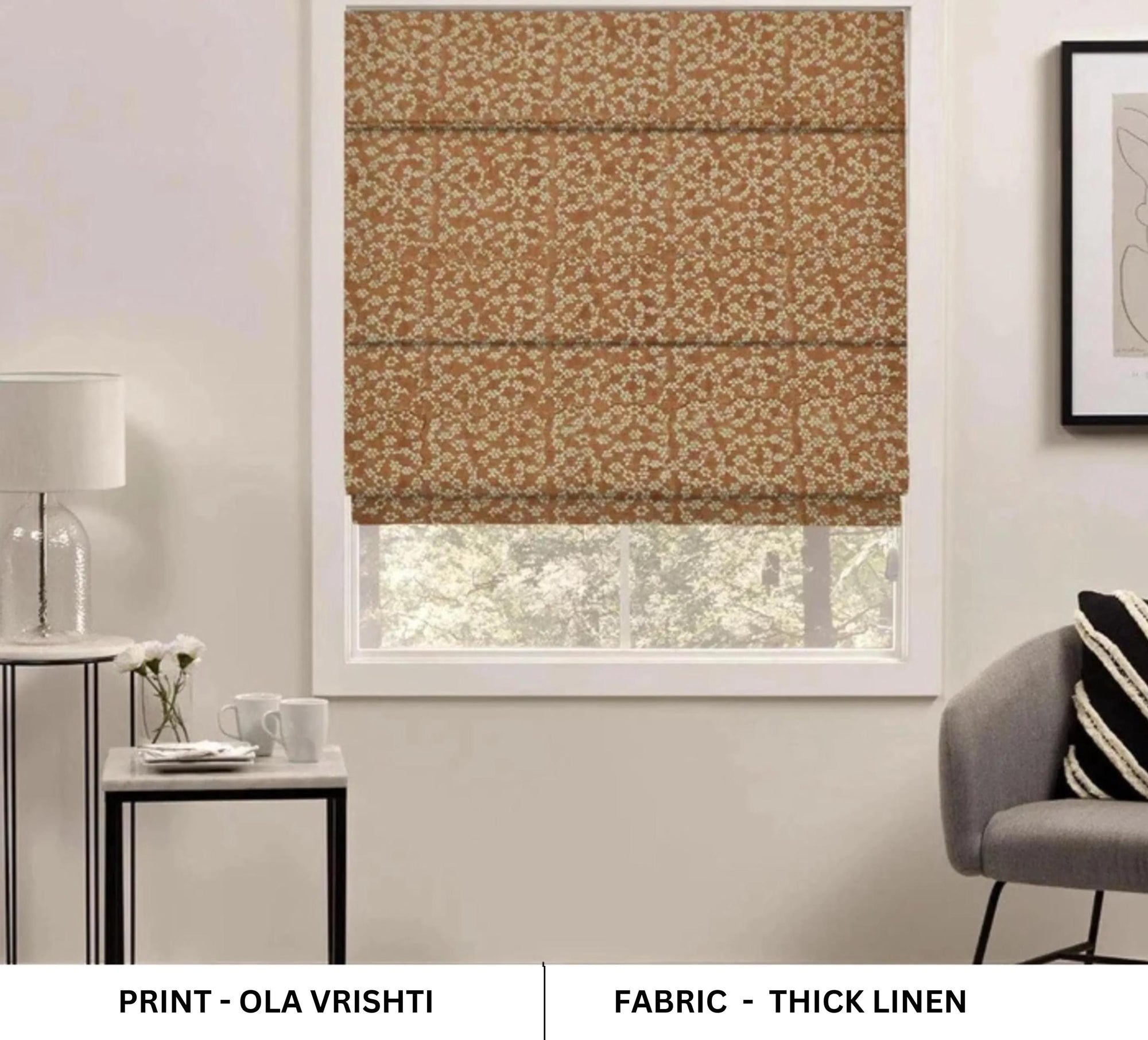 Room decorative linen roman blinds in floral block print offer privacy and warmth. Crafted in breathable linen, these handmade shades enhance your windows with subtle sophistication and artisanal beauty.