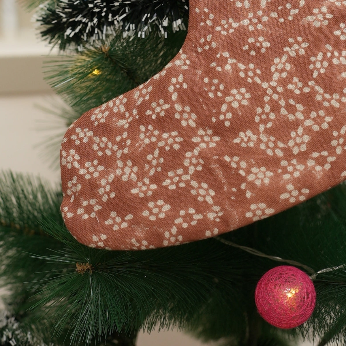 Handmade Pure Linen Block Printed Traditional Xmas Stockings in Brown & Beige Mini Floral Ola Vrishti with Pompom Farmhouse Decor 