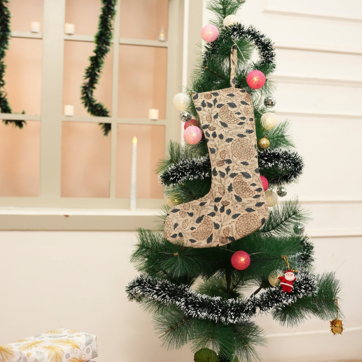 Gray & Brown Floral Thick Linen Handmade Block Printed Christmas Stocking with Elegant Pom Pom Festive Decor - Karwachauth