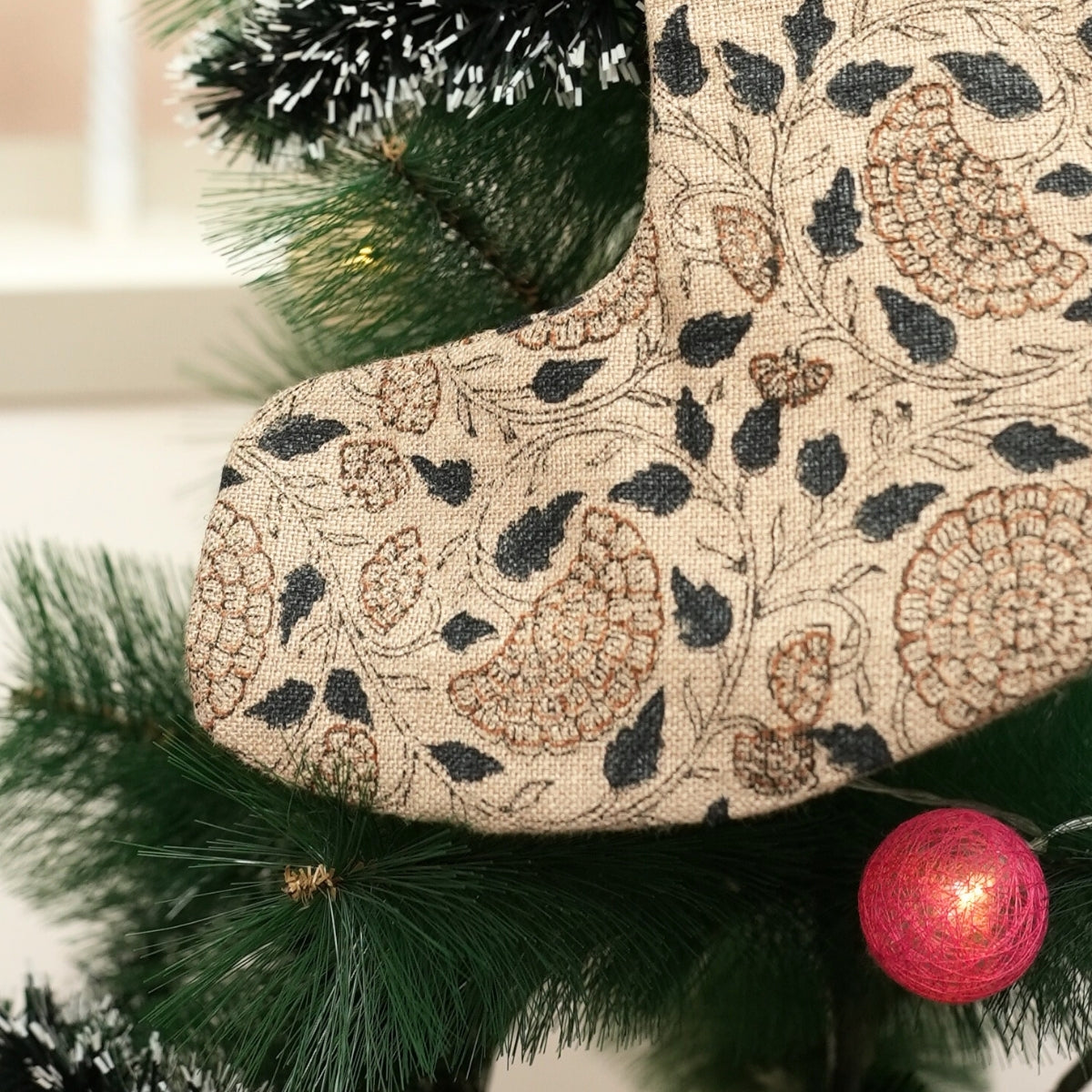 Gray & Brown Floral Thick Linen Handmade Block Printed Christmas Stocking with Elegant Pom Pom Festive Decor - Karwachauth