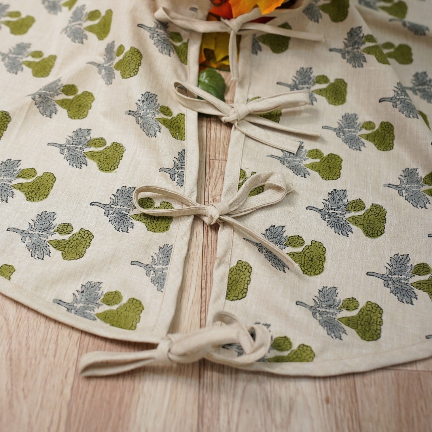 Indian Art Block Printed Green & Gray Floral Linen Blend Modern Christmas Tree Skirts Manmohan for Farmhouse Decor
