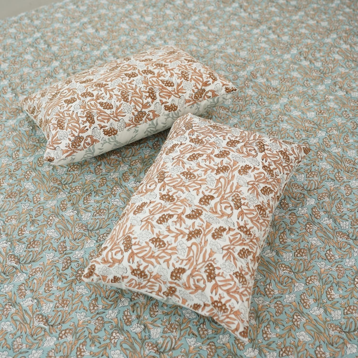 A nod to tradition, this hand block printed cotton bedsheet features graceful florals and comes with pillow covers. It’s perfect for a relaxing, aesthetically soothing bedroom makeover.