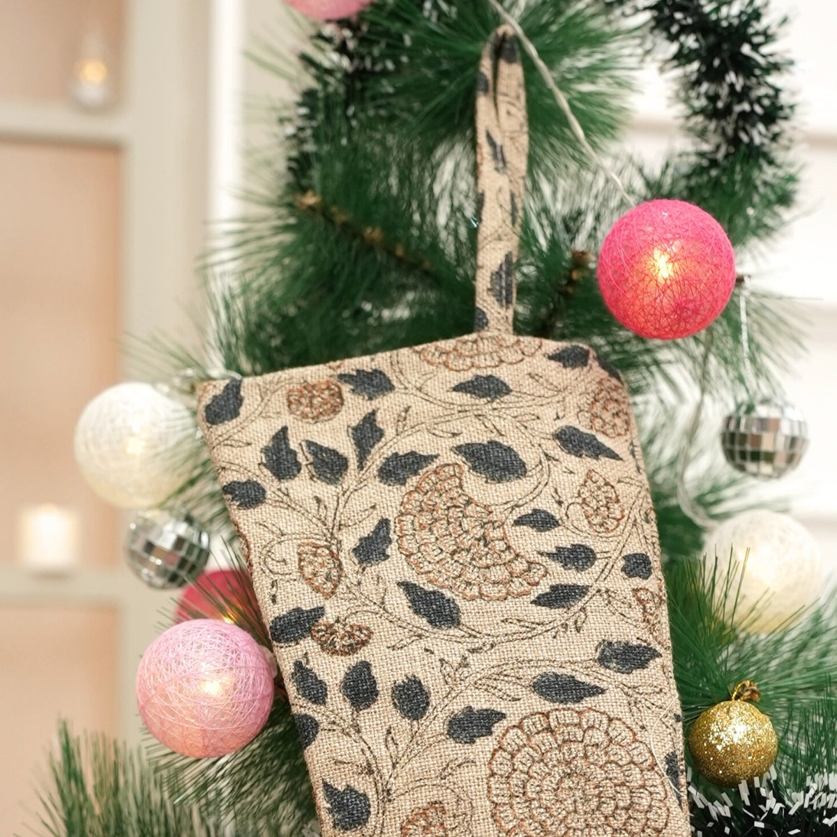 Gray & Brown Floral Thick Linen Handmade Block Printed Christmas Stocking with Elegant Pom Pom Festive Decor - Karwachauth