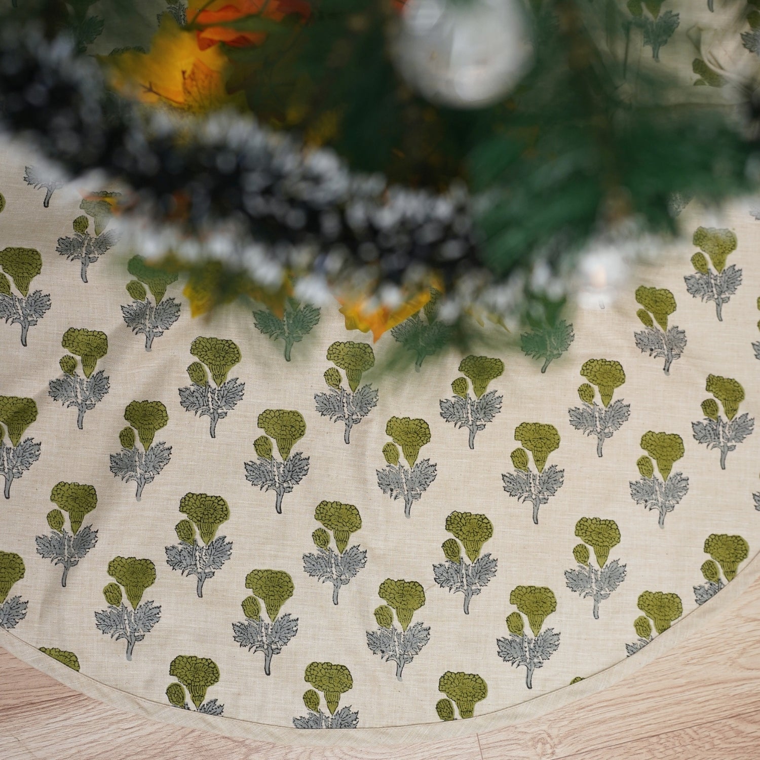 Indian Art Block Printed Green & Gray Floral Linen Blend Modern Christmas Tree Skirts Manmohan for Farmhouse Decor