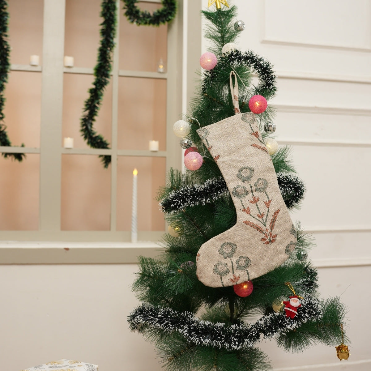 Handcrafted Amitabh Brown Floral Thick Linen Block Printed Christmas Stockings with Elegant Festive Holiday Decor for Gifting